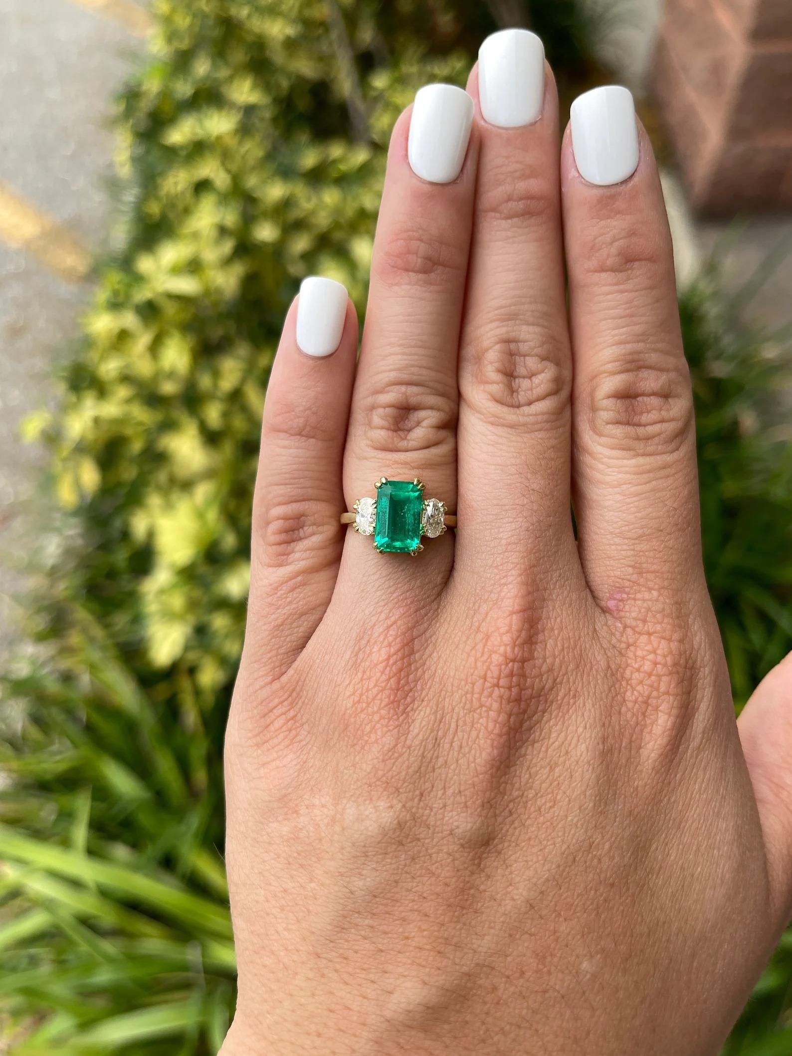 Modern 4.16tcw AAA Colombian Emerald-Emerald Cut & Oval Cut Diamond Engagement Ring 18K For Sale