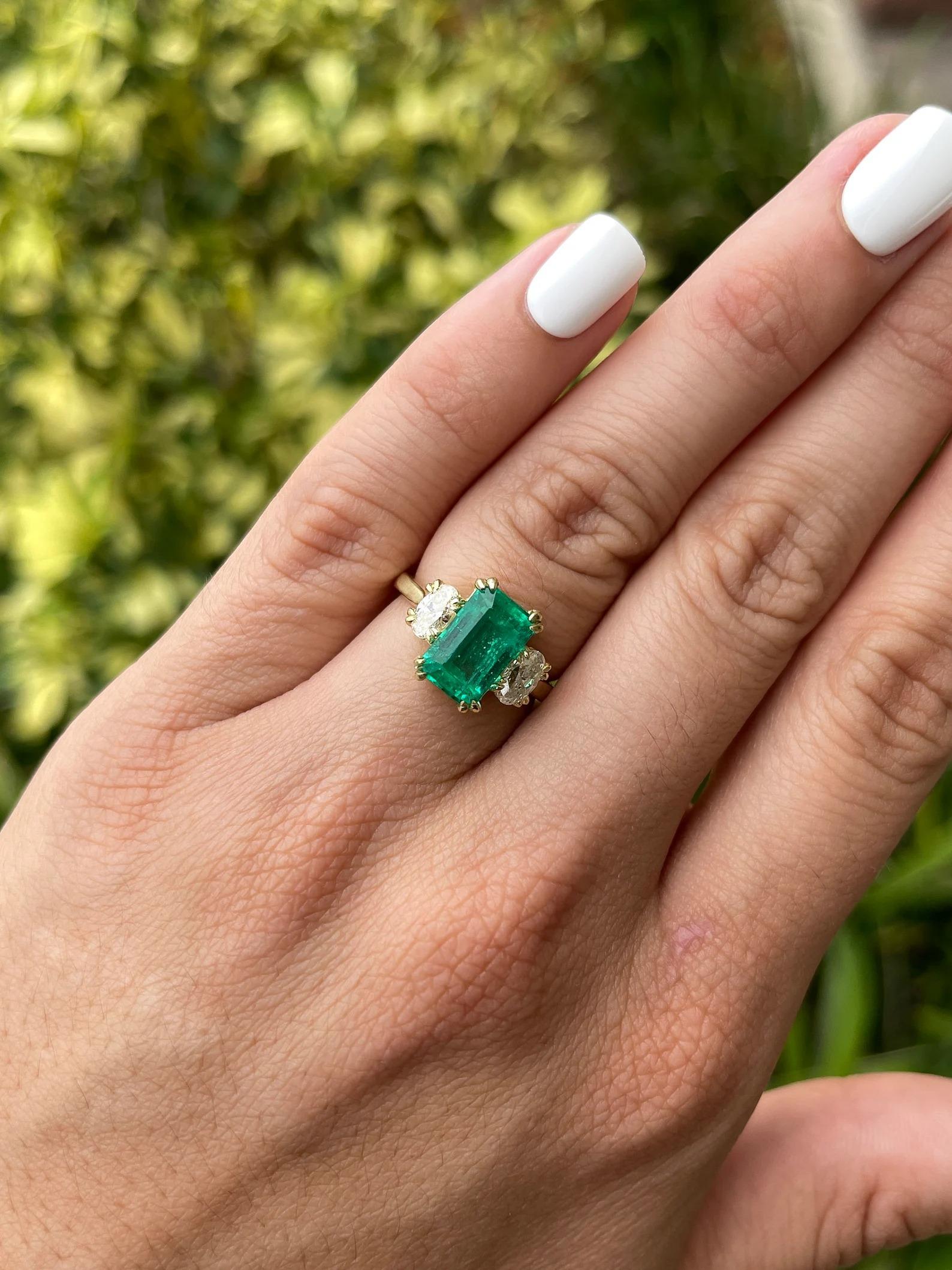 4.16tcw AAA Colombian Emerald-Emerald Cut & Oval Cut Diamond Engagement Ring 18K In New Condition For Sale In Jupiter, FL