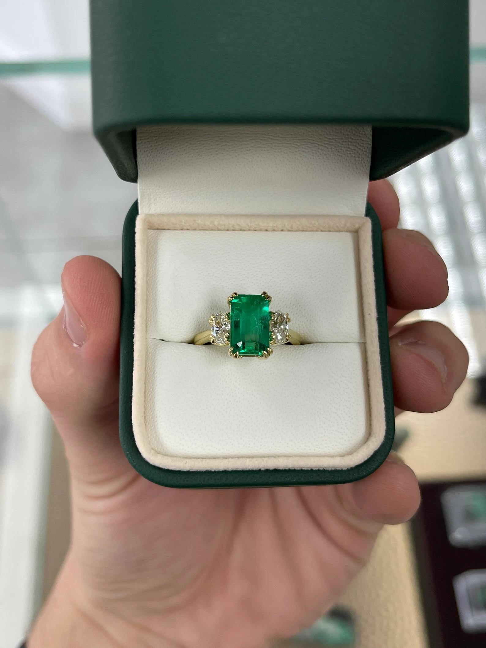 4.16tcw AAA Colombian Emerald-Emerald Cut & Oval Cut Diamond Engagement Ring 18K For Sale 1