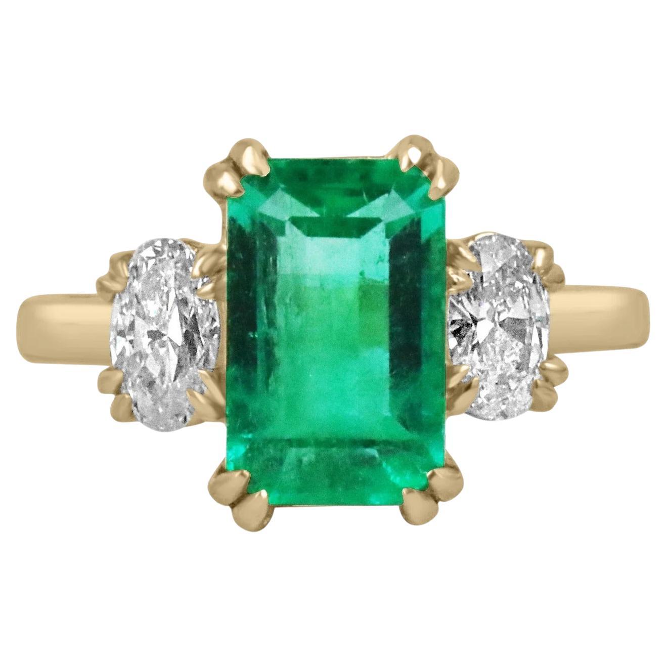 4.16tcw AAA Colombian Emerald-Emerald Cut & Oval Cut Diamond Engagement Ring 18K For Sale