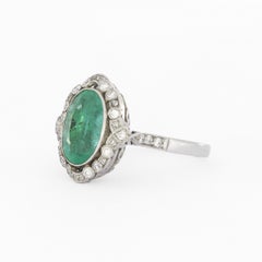 4.17 Carat Antique Style Oval Emerald Diamond Cocktail Platinum Ring