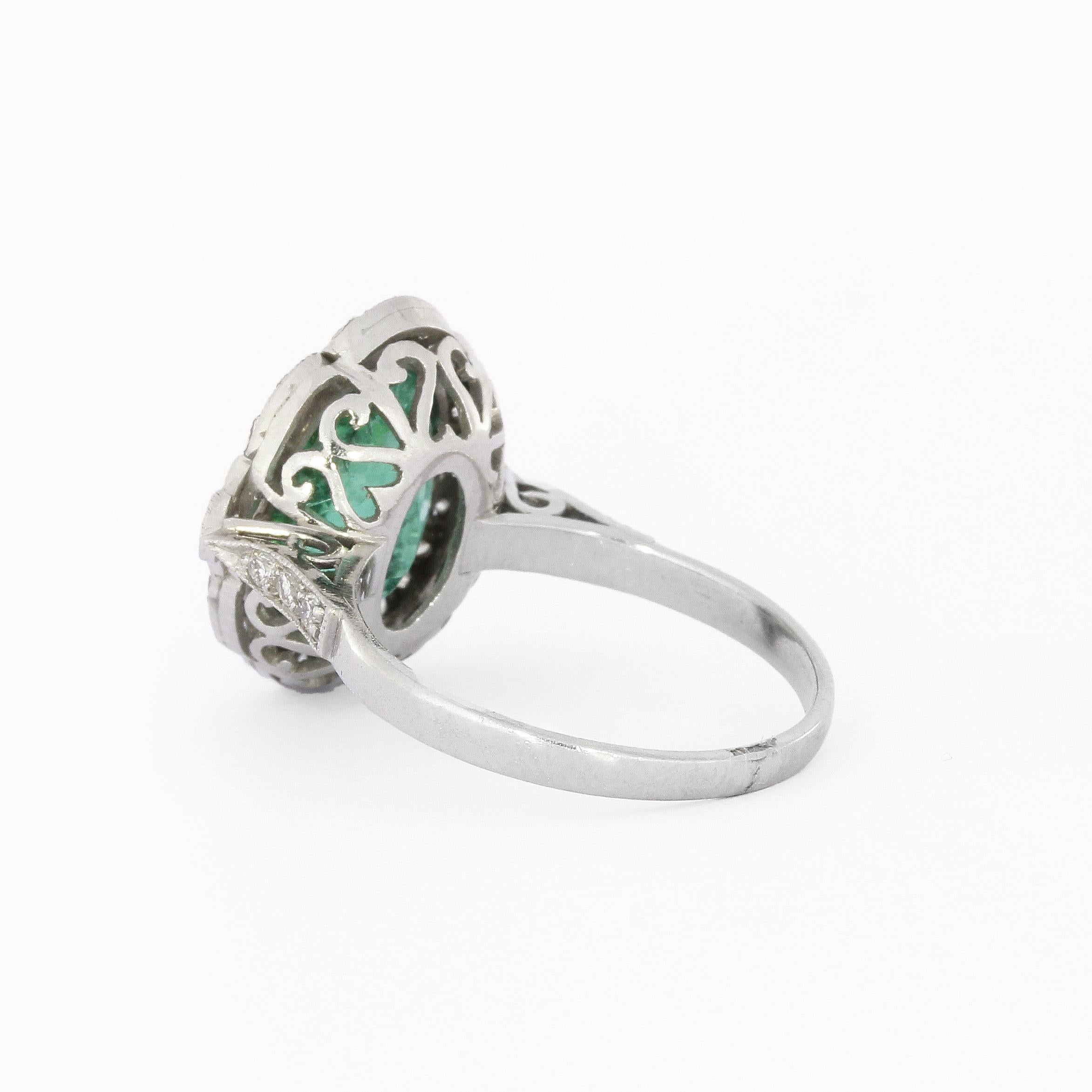Art Deco 4.17 Carat Antique Style Oval Emerald Diamond Cocktail Platinum Ring For Sale
