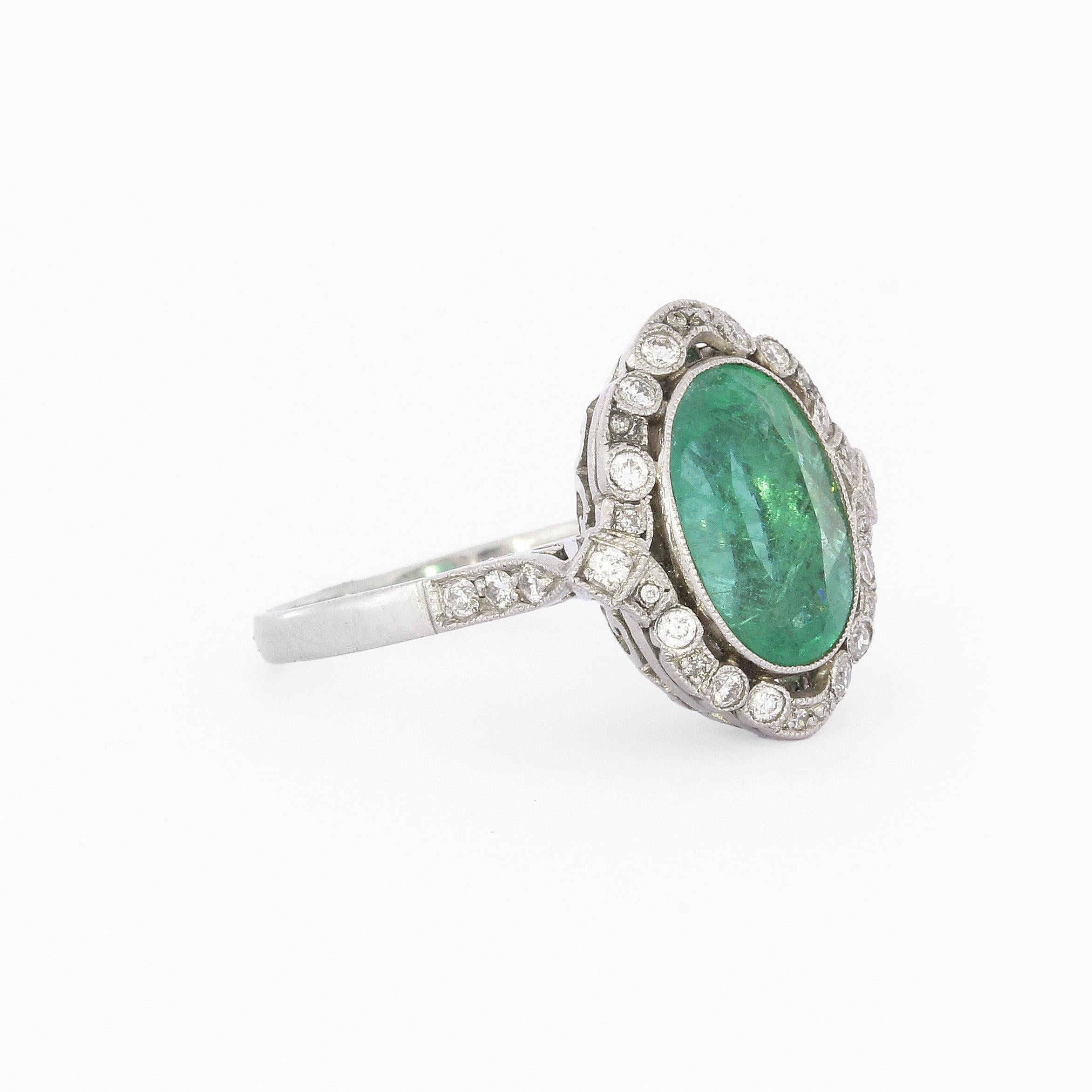 4.17 Carat Antique Style Oval Emerald Diamond Cocktail Platinum Ring For Sale 1