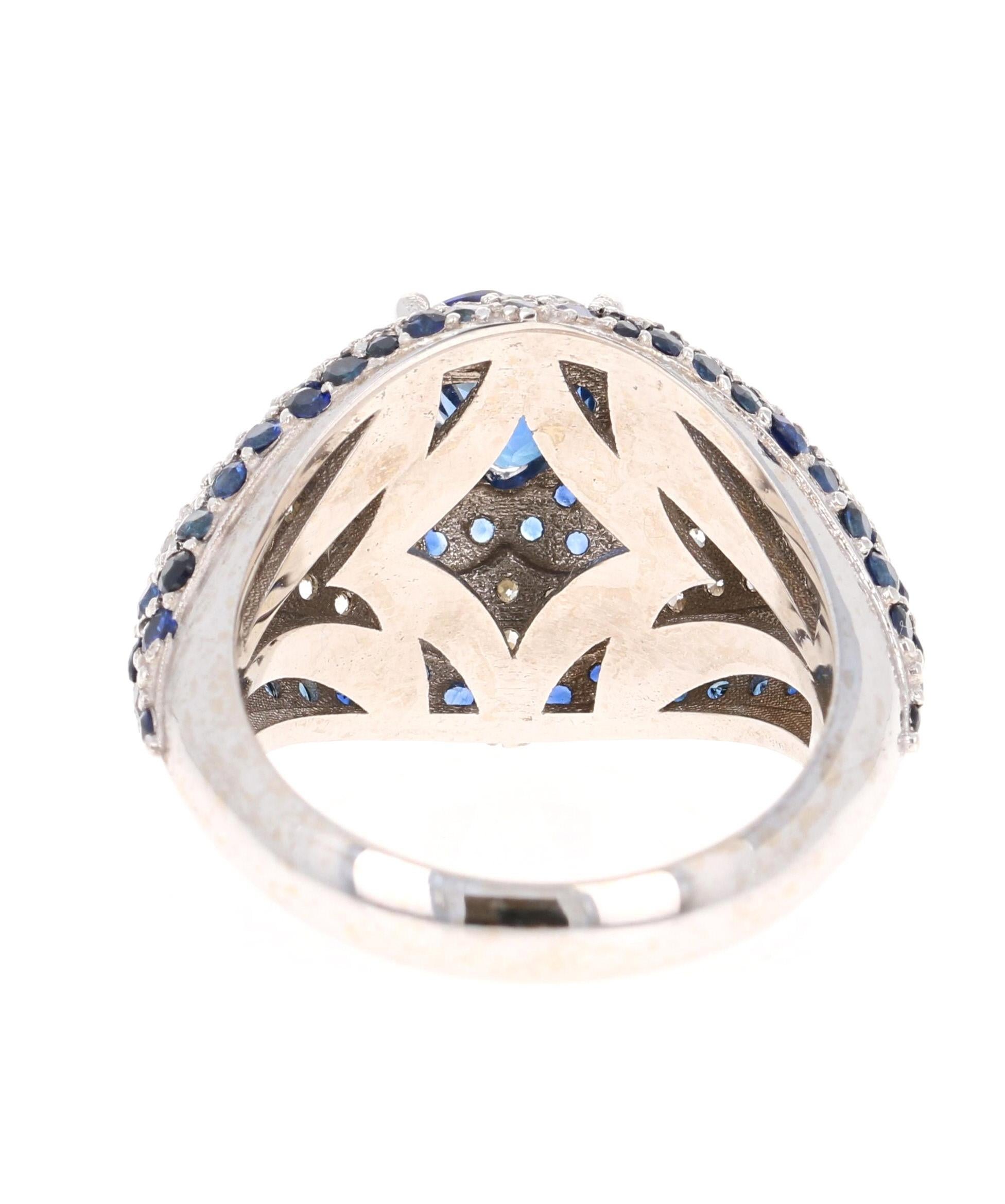 Round Cut 4.17 Carat Blue Sapphire Diamond 18 Karat White Gold Cocktail Ring For Sale