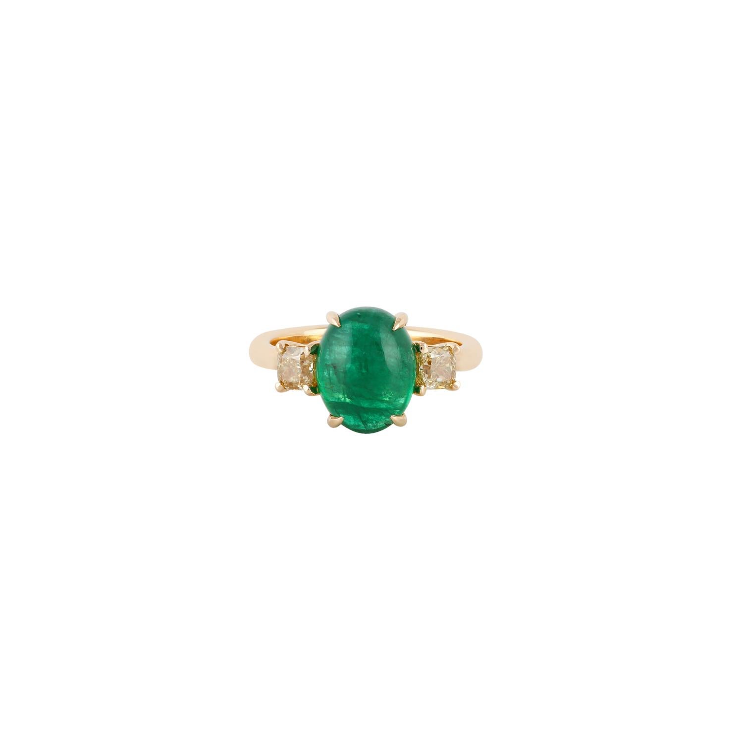 A one of a kind, cabochon Zambian Emerald weighing (4.17 carats) with fancy Diamond 
Fancy Diamond - 0.73 Carat 
Gold 18K Yellow Gold
 

The ring is currently sized at US 6.5
Ring Can be Resized And Ring come Along With Prestation Box.

Please feel
