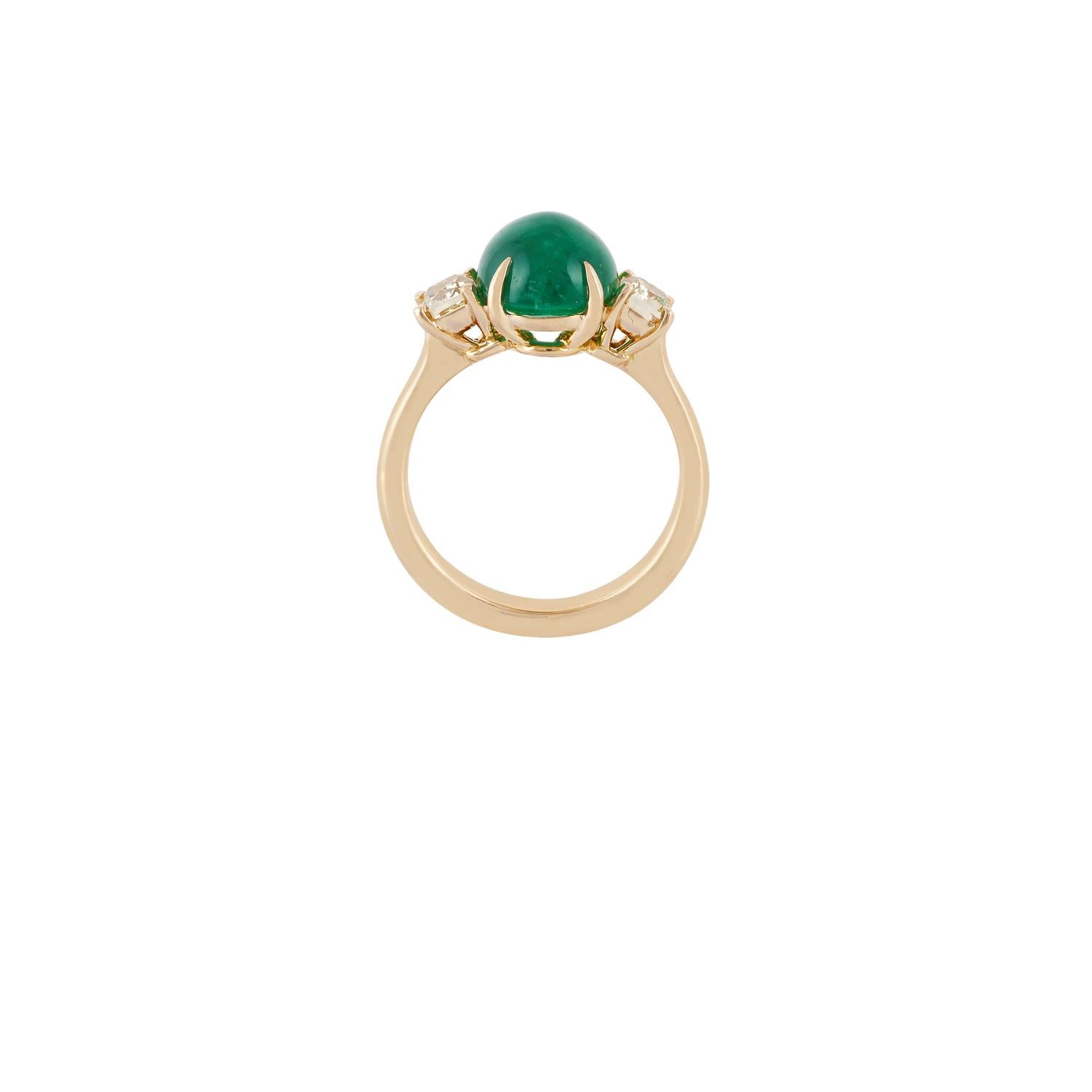 Neoclassical 4.17 Carat Cabochon Emerald  & Fancy Diamond Ring in 18k Yellow Gold   For Sale