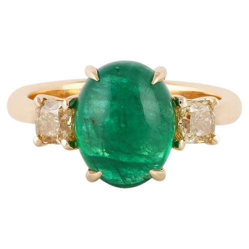 4.17 Carat Cabochon Emerald  & Fancy Diamond Ring in 18k Yellow Gold