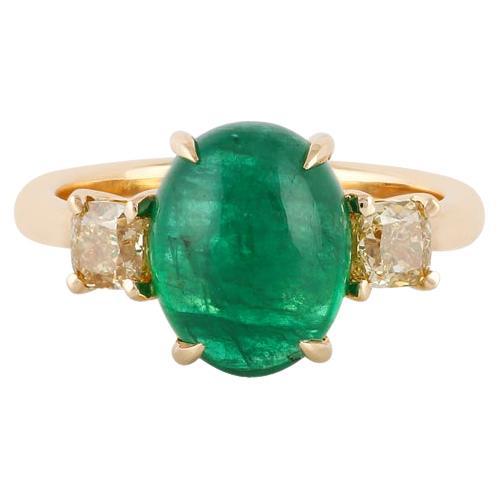 4.17 Carat Cabochon Emerald  & Fancy Diamond Ring in 18k Yellow Gold  