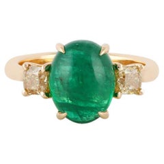 4.17 Carat Cabochon Emerald  & Fancy Diamond Ring in 18k Yellow Gold  