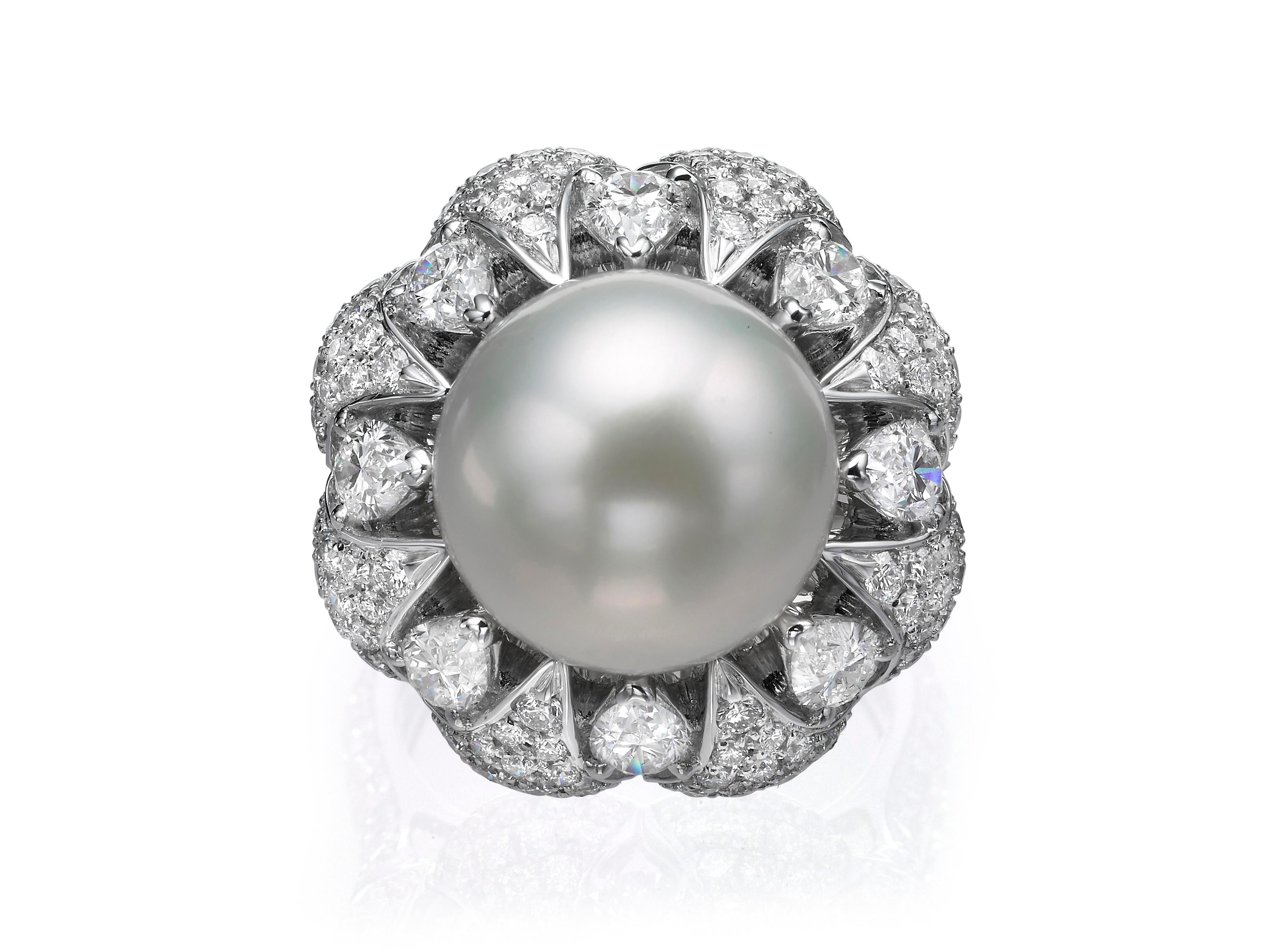 Contemporary 4.17 Carat Diamond and South Sea Pearl 18 Karat White Gold Cocktail Ring