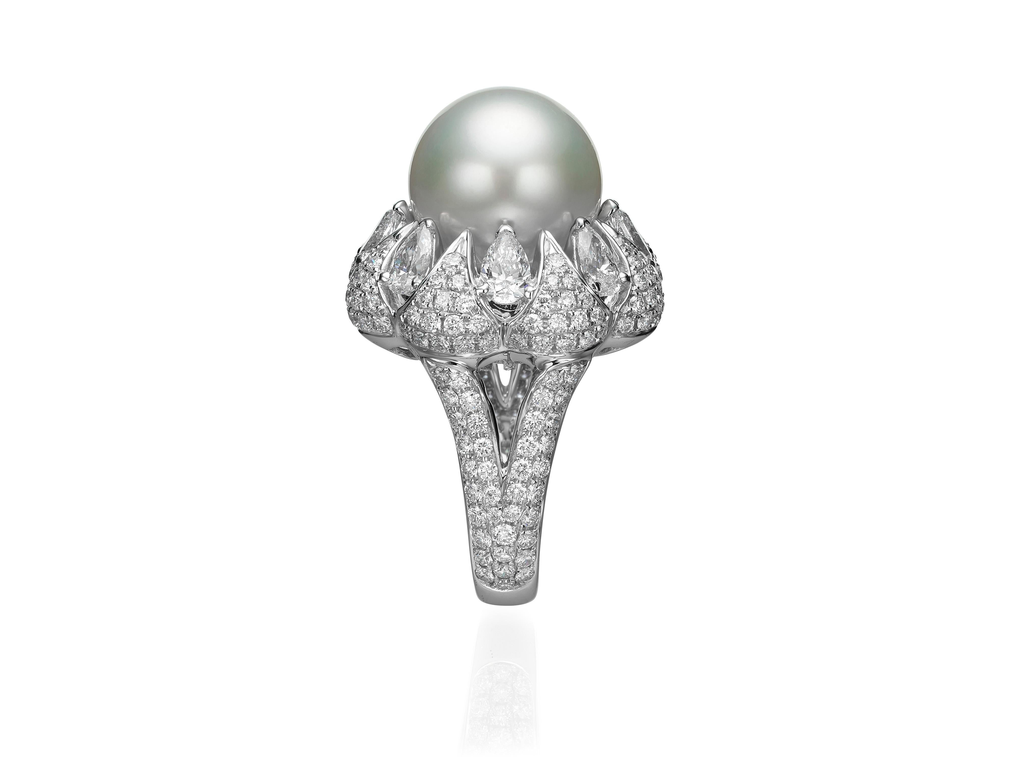 Round Cut 4.17 Carat Diamond and South Sea Pearl 18 Karat White Gold Cocktail Ring