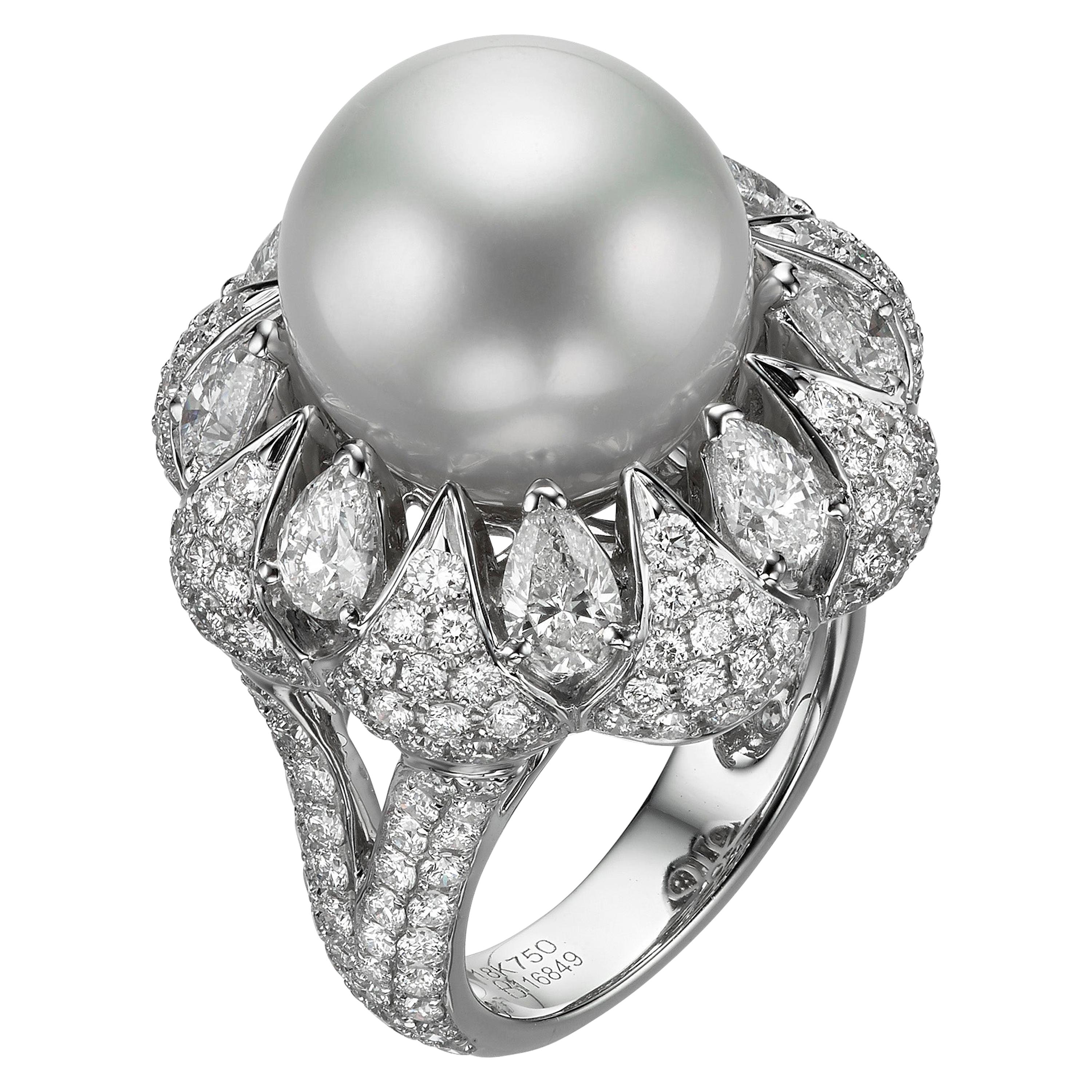 4.17 Carat Diamond and South Sea Pearl 18 Karat White Gold Cocktail Ring