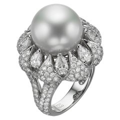 4.17 Carat Diamond and South Sea Pearl 18 Karat White Gold Cocktail Ring 4.17 Carat Diamond and South Sea Pearl 18 Karat White Gold Cocktail Ring