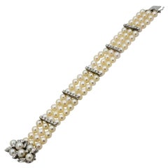 Vintage 4.17 Carat Diamonds Three-Strands Pearls White Gold Bracelet