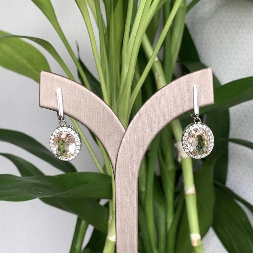 4.17 Ct Orangish-Pink Morganite & Diamond Drop Earrings in 14k Gold For Sale 3