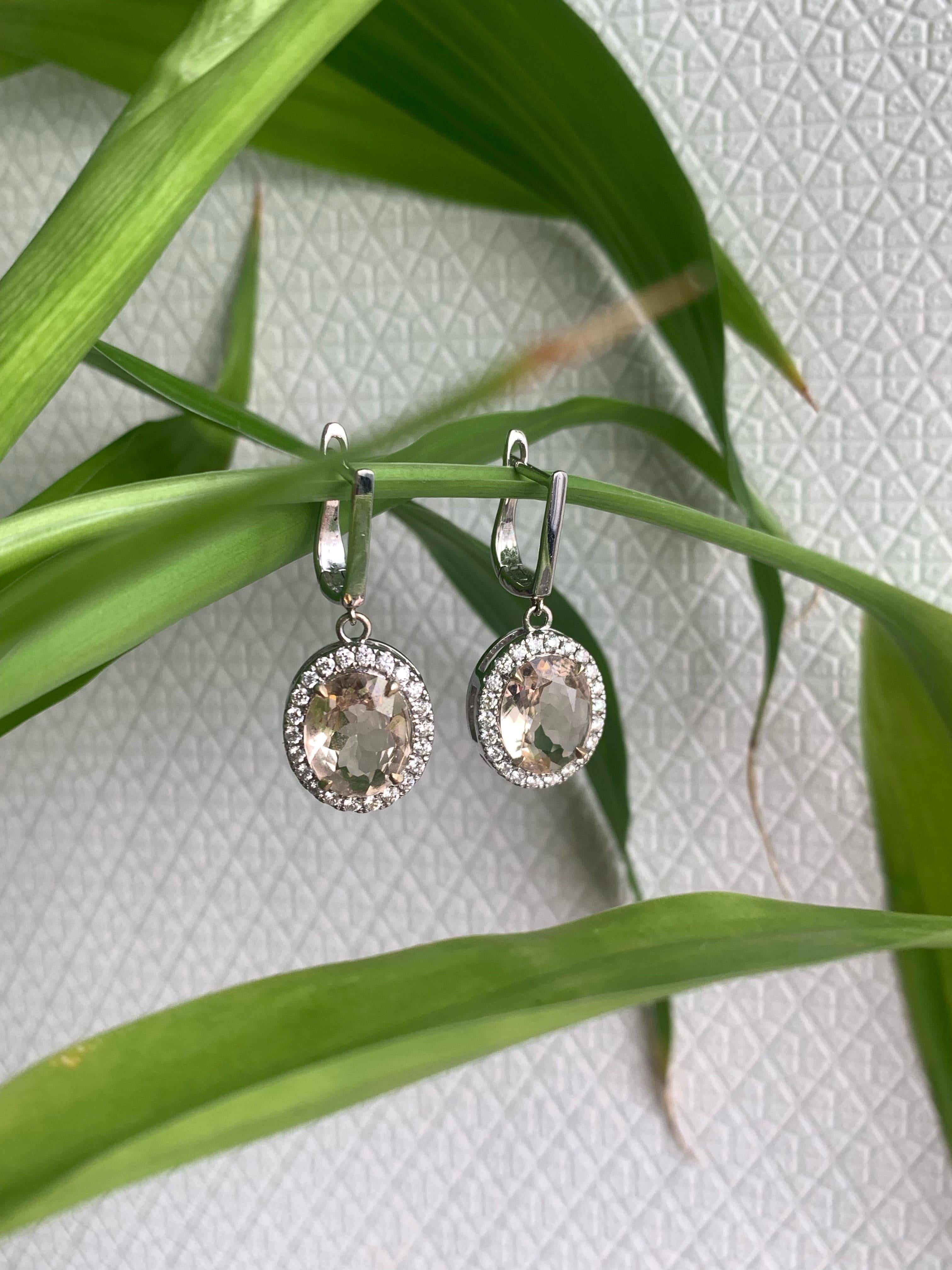 Oval Cut 4.17 Ct Orangish-Pink Morganite & Diamond Drop Earrings in 14k Gold For Sale