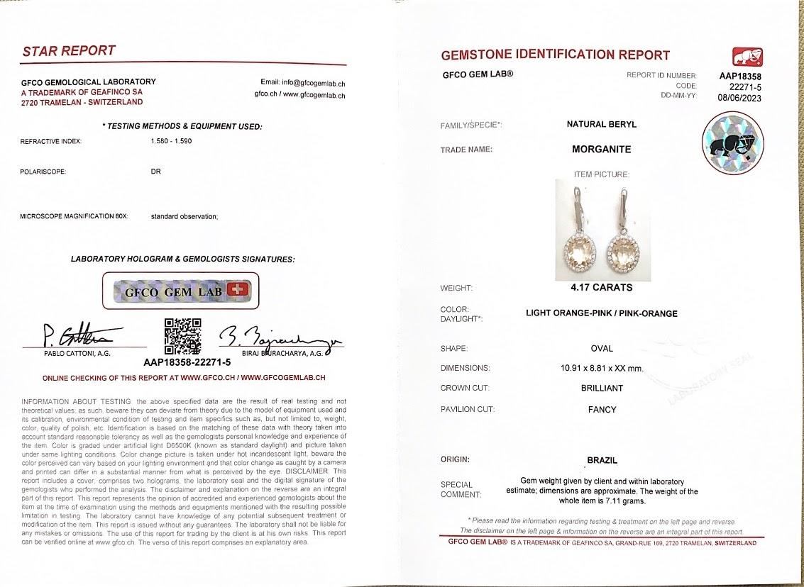 4.17 Ct Orangish-Pink Morganite & Diamond Drop Earrings in 14k Gold For Sale 7