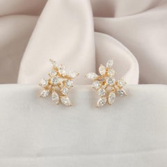4.17 Carat Natural Round Marquise Diamond Cluster Stud Earrings 18K Yellow Gold