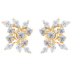 4.17 Carat Natural Round Marquise Diamond Cluster Stud Earrings 18K Yellow Gold