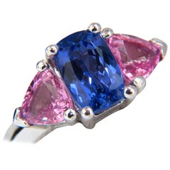 4.17 Carat Natural Tanzanite Pink Sapphires Three-Stone Ring 14 Karat White Gold