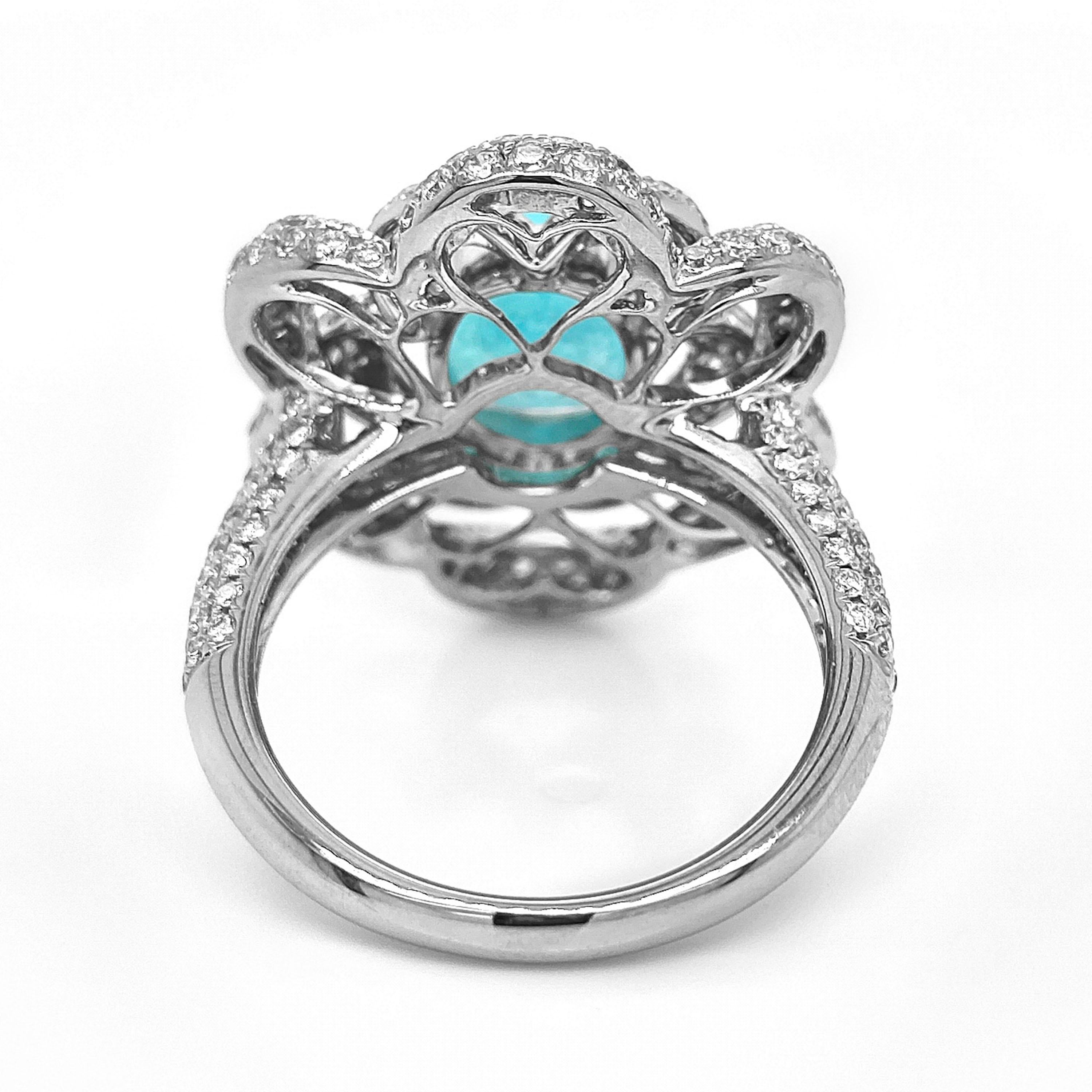 1  Paraiba Tourmaline Gemstone: 2.31 Carats
298 White Round Diamonds: 1.86 Carats
Metal: 18K White Gold, 6.86 Grams
