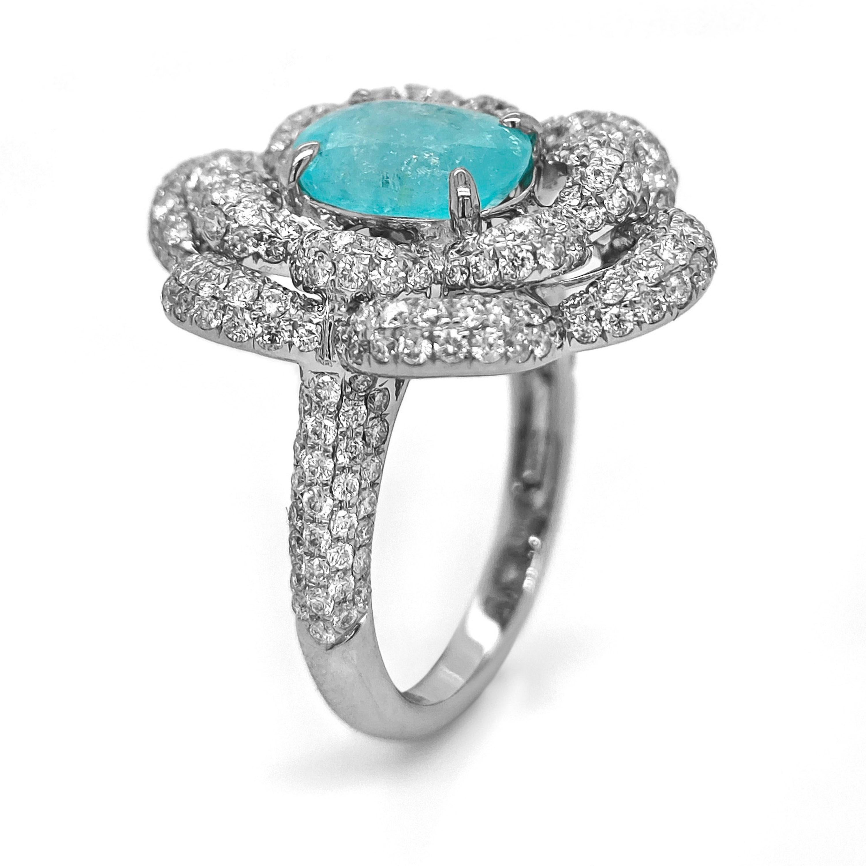 Mixed Cut 4.17 Carat Paraiba Tourmaline and White Diamond White Gold Ring For Sale