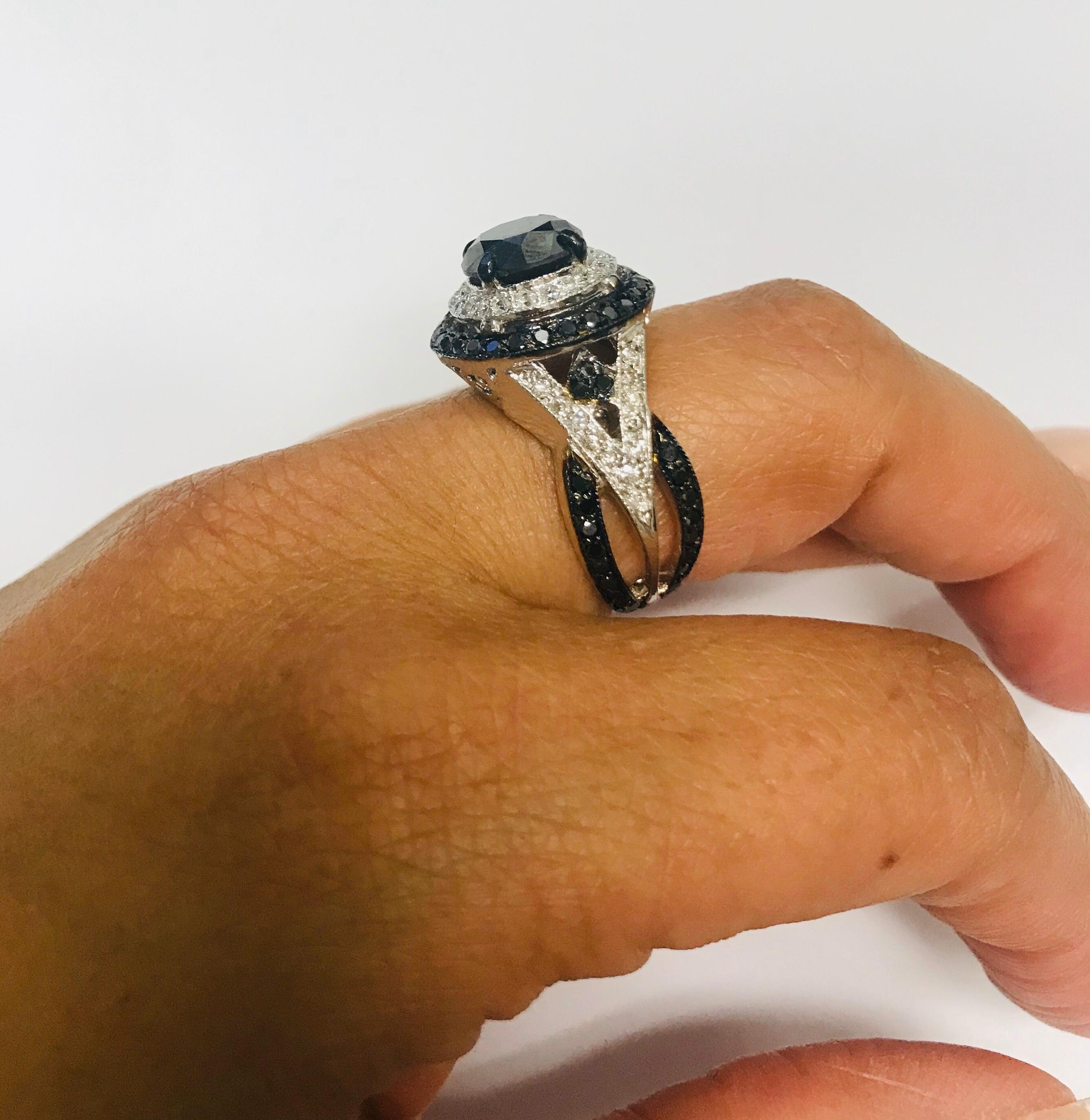 Contemporary 4.17 Carat Round Cut Black Diamond 14 Karat White Gold Engagement Ring