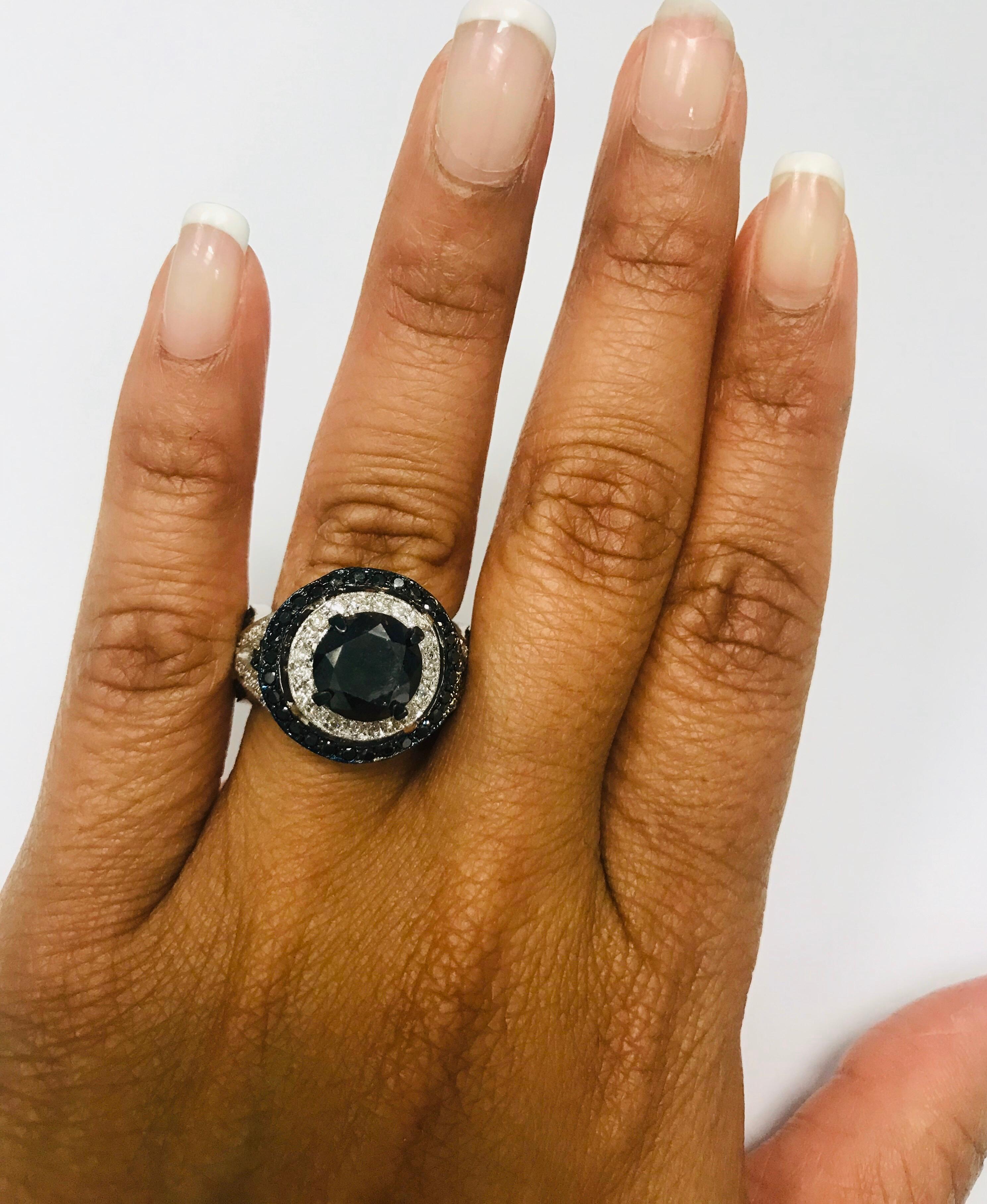 4.17 Carat Round Cut Black Diamond 14 Karat White Gold Engagement Ring In New Condition In Los Angeles, CA