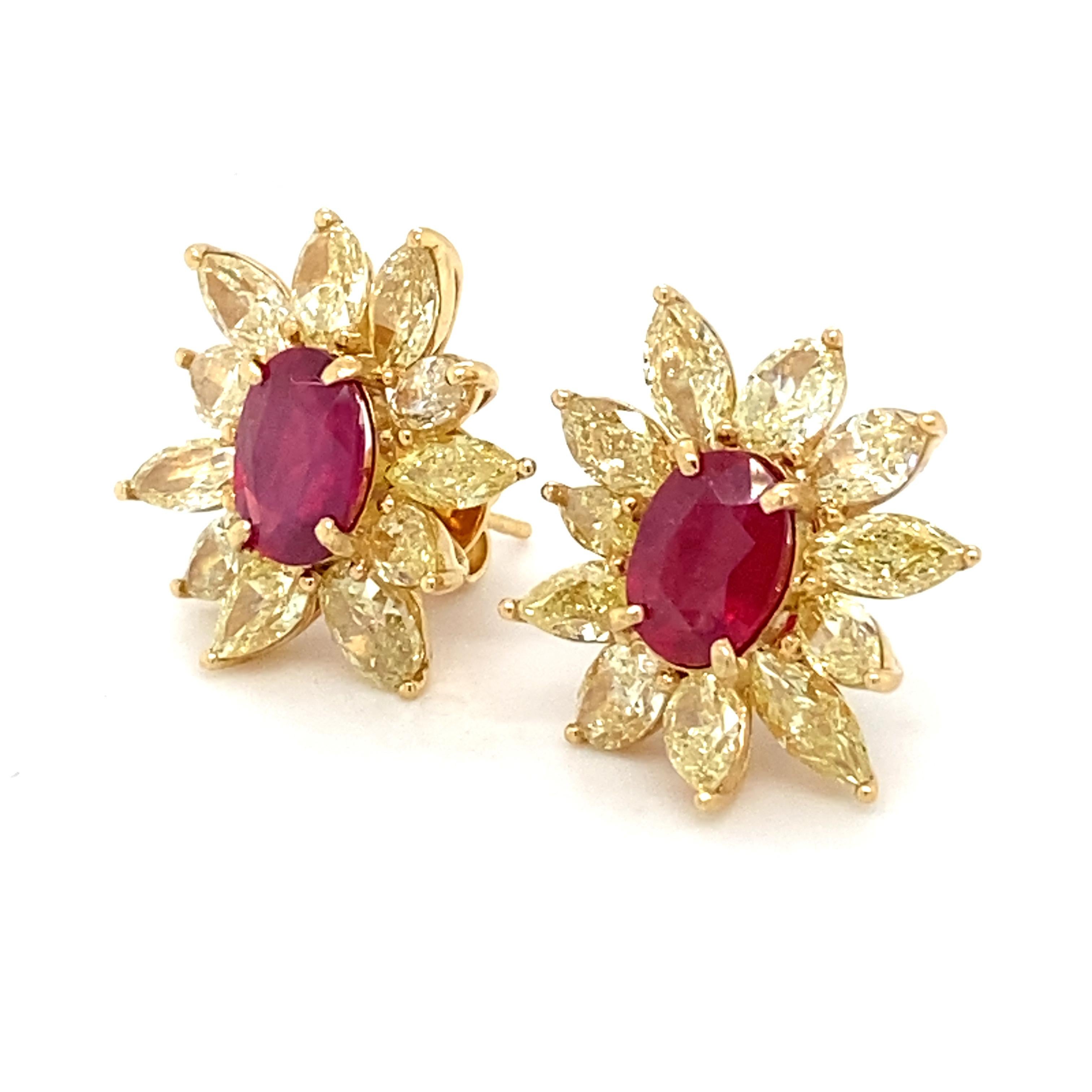 Artisan 4.17 Carat Ruby 6.76 Carat Yellow Diamond Earrings For Sale