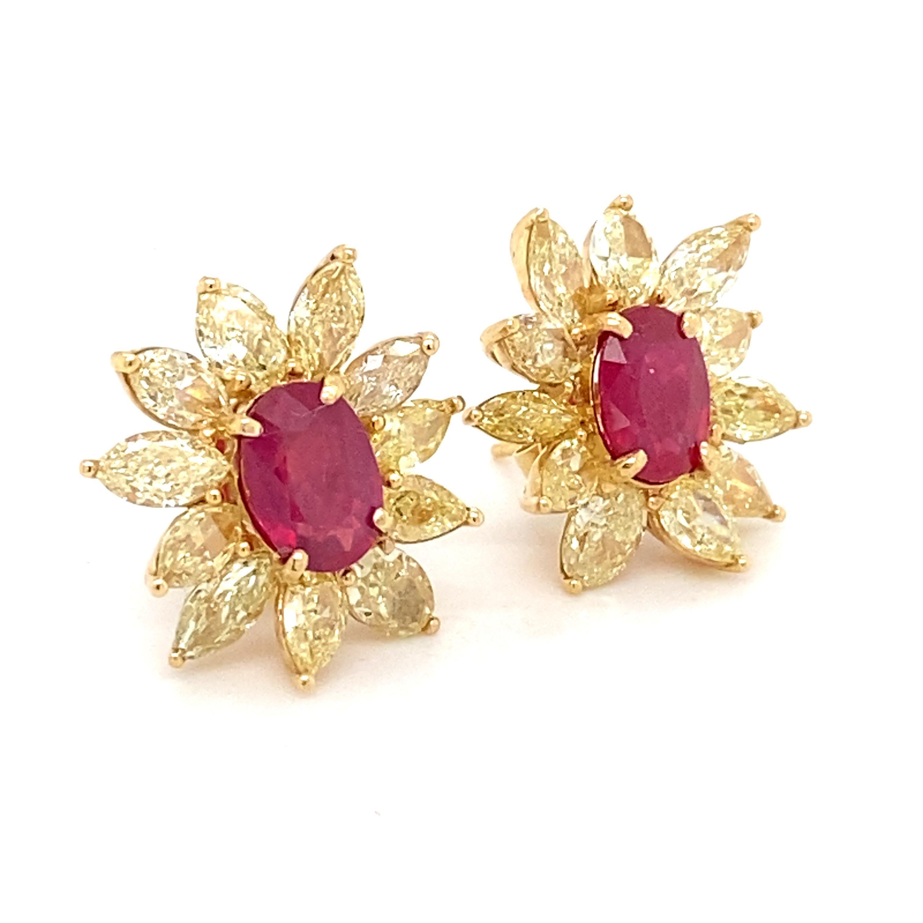 Marquise Cut 4.17 Carat Ruby 6.76 Carat Yellow Diamond Earrings For Sale