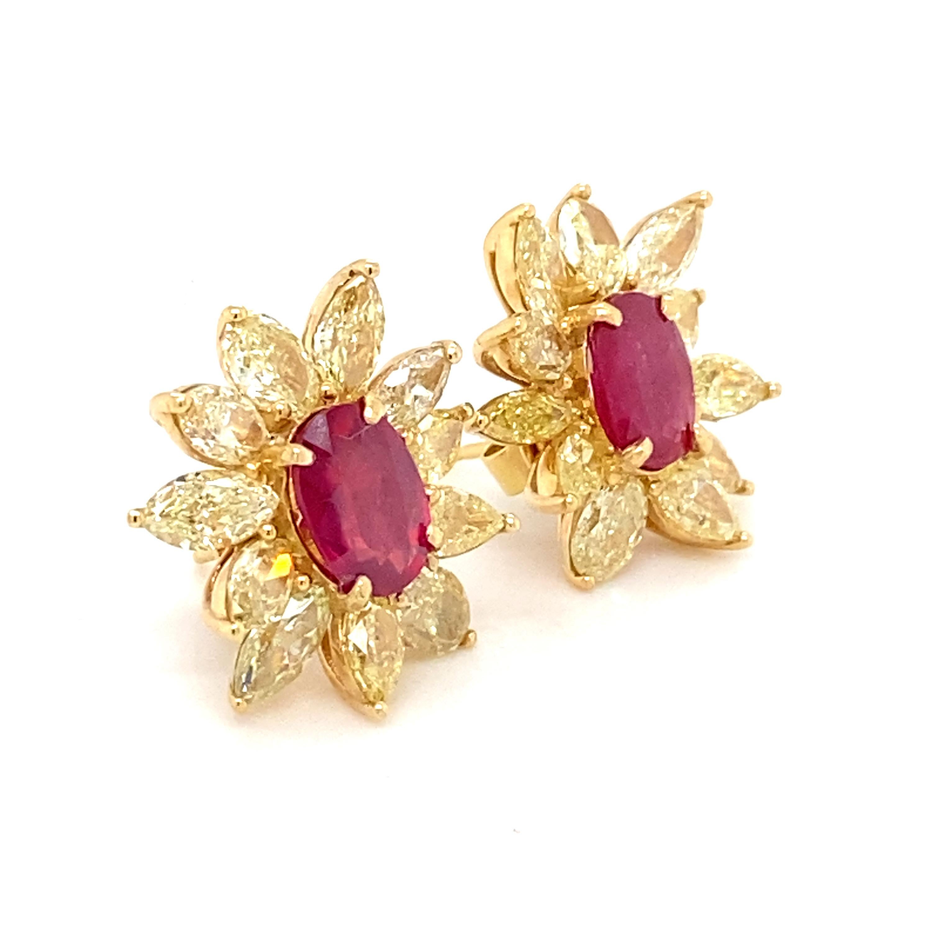 4.17 Carat Ruby 6.76 Carat Yellow Diamond Earrings In New Condition For Sale In Trumbull, CT
