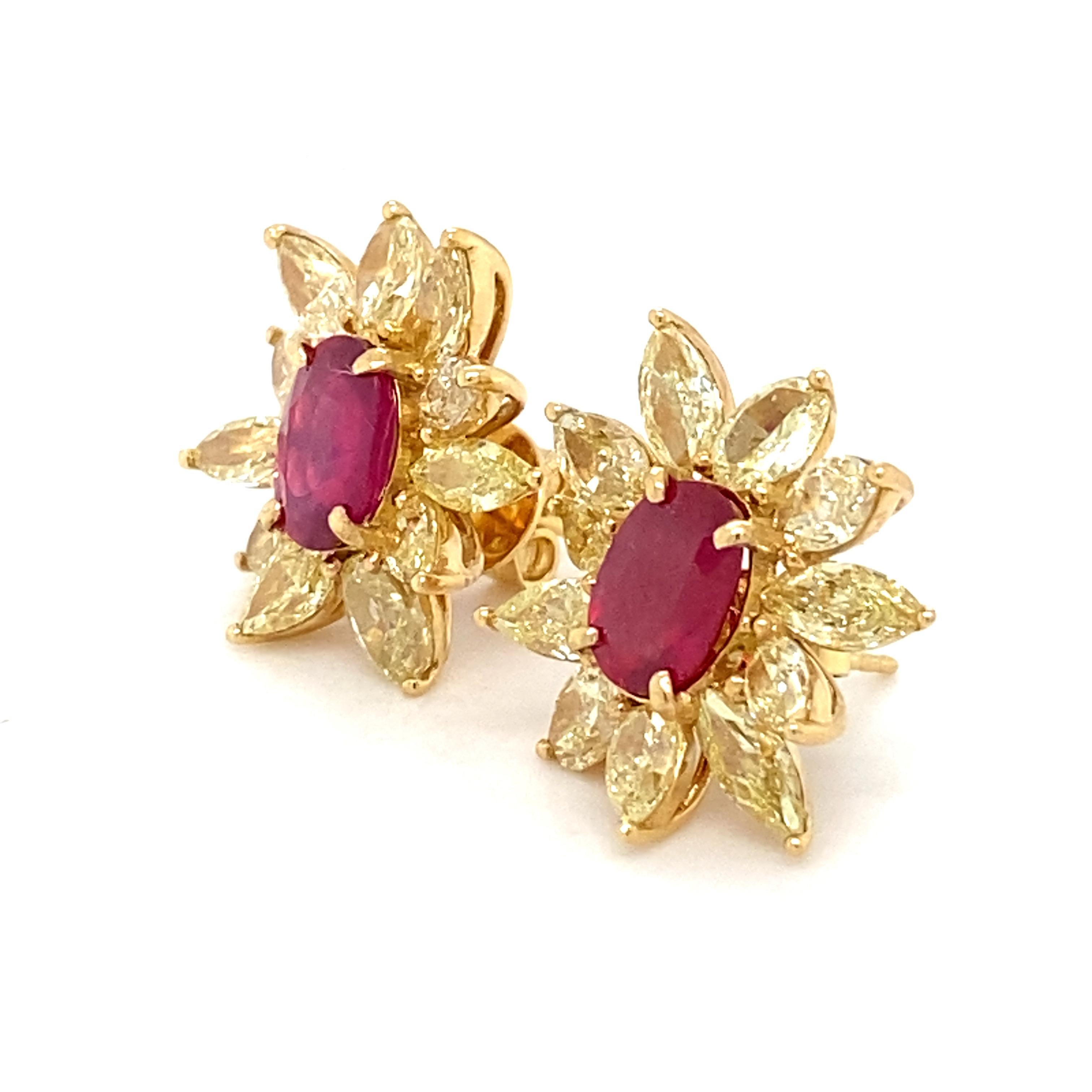 Women's 4.17 Carat Ruby 6.76 Carat Yellow Diamond Earrings For Sale