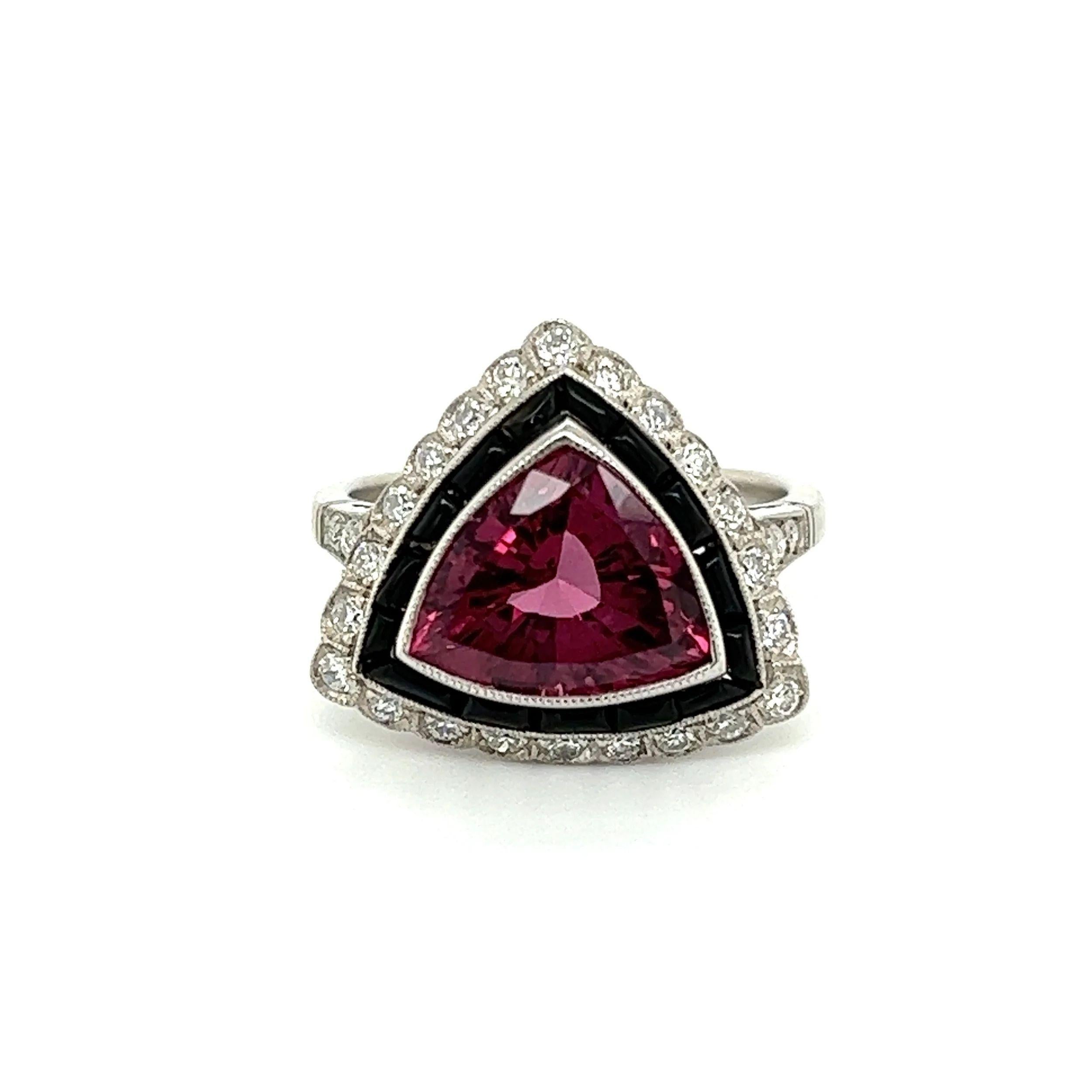 Trillion Cut 4.17 Carat Trillion Red Spinel Diamond Onyx Vintage Platinum Ring Estate For Sale