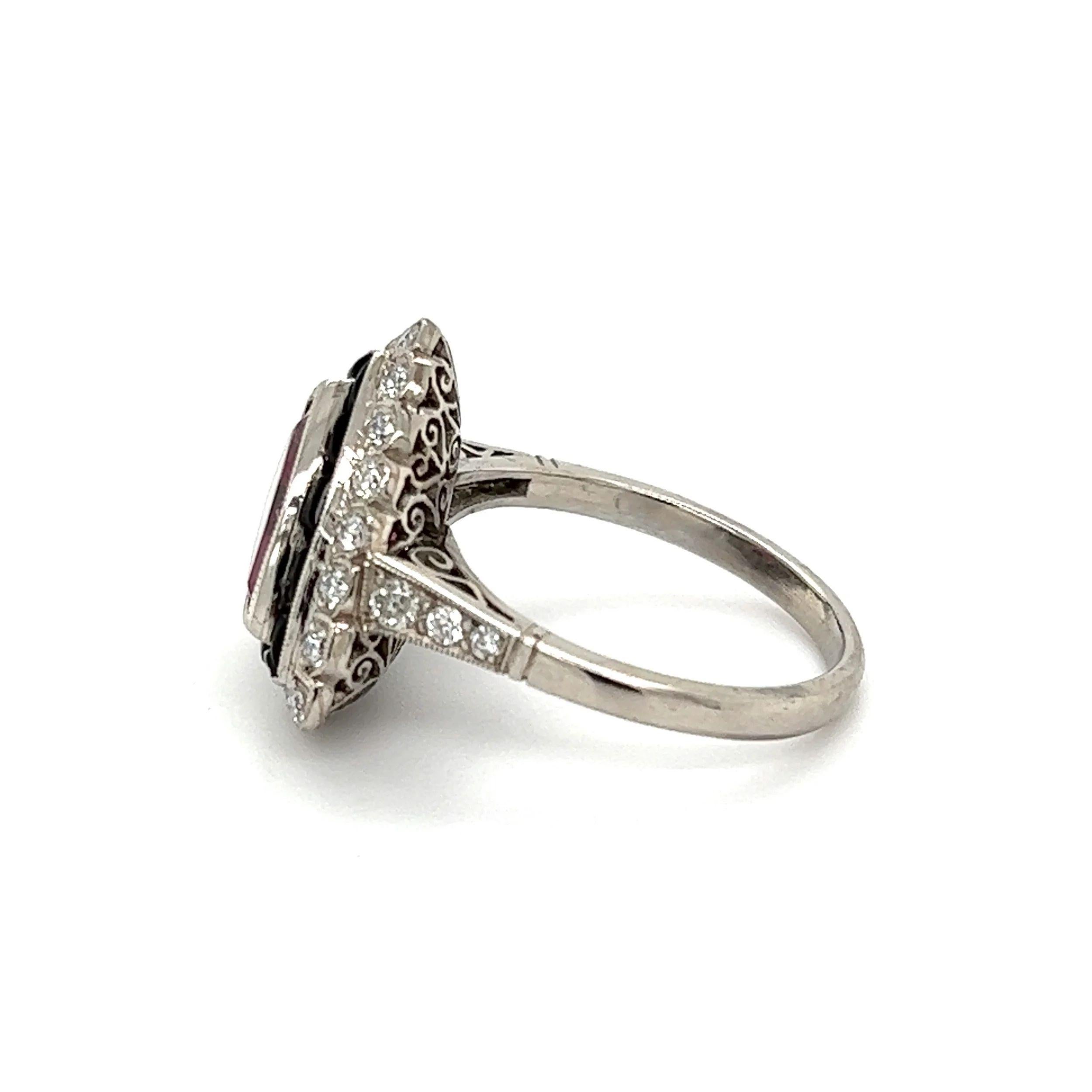 Women's 4.17 Carat Trillion Red Spinel Diamond Onyx Vintage Platinum Ring Estate For Sale