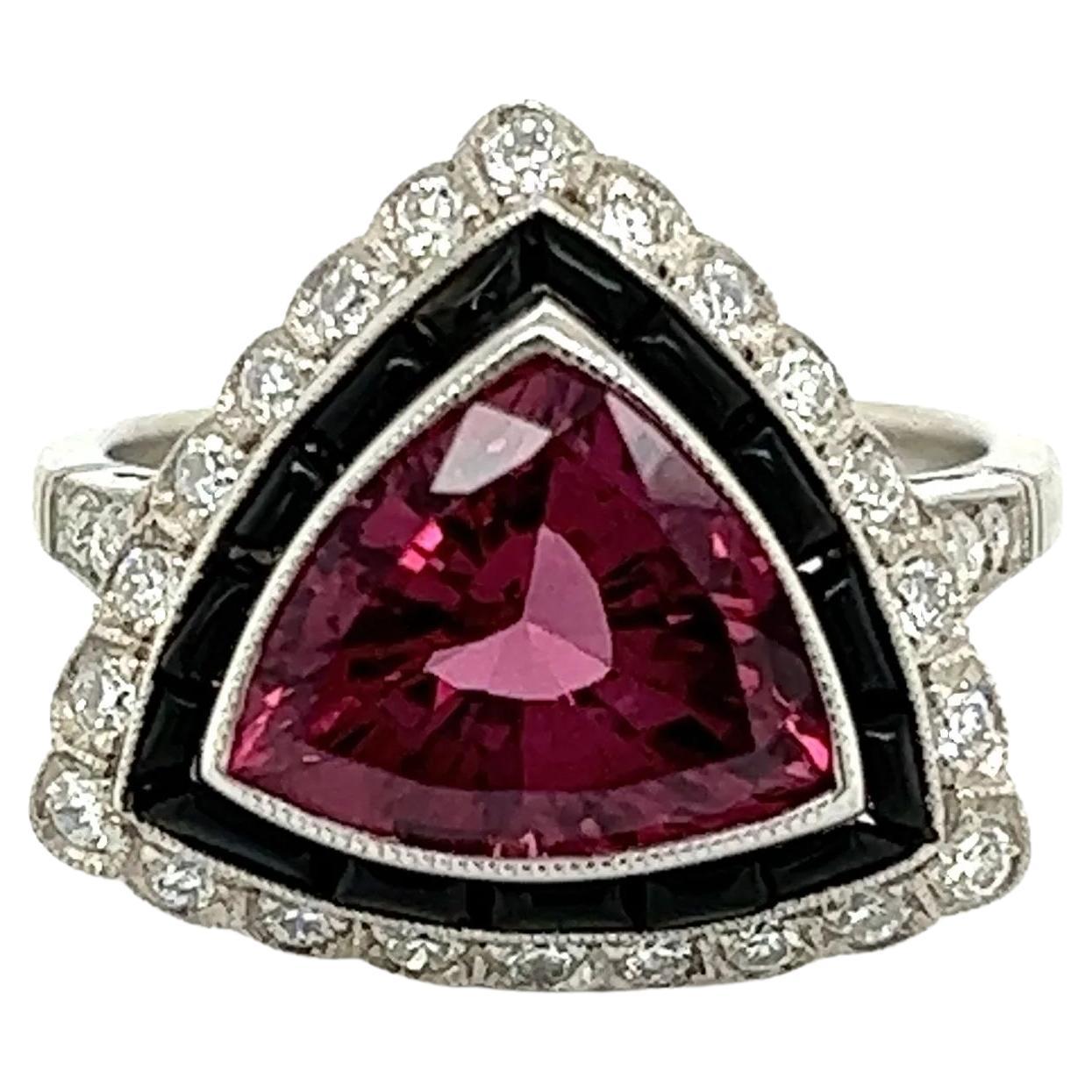 4.17 Carat Trillion Red Spinel Diamond Onyx Vintage Platinum Ring Estate For Sale