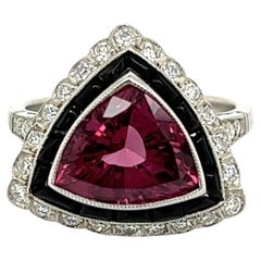 4.17 Carat Trillion Red Spinel Diamond Onyx Vintage Platinum Ring Estate