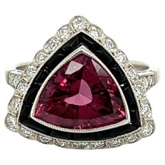 4.17 Carat Trillion Red Spinel Diamond Onyx Vintage Platinum Ring Estate