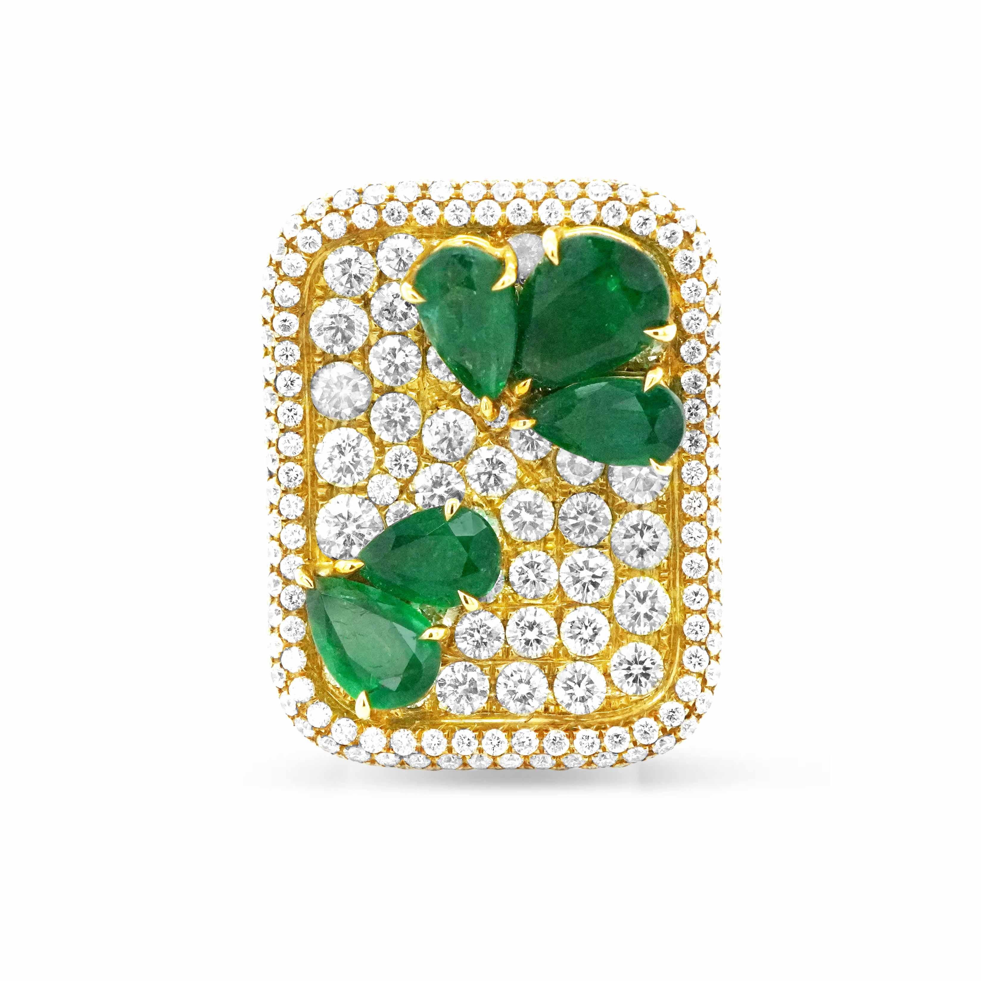 4,17 Karat lebhaft grüner Smaragd 4,33 Karat ausgefallener farbiger Diamantring „Garden“ (Art nouveau) im Angebot