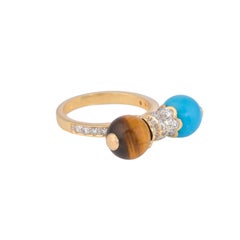 4.17 Carats Tigers Eye Turquoise and Diamond 18kt Yellow Gold Ring