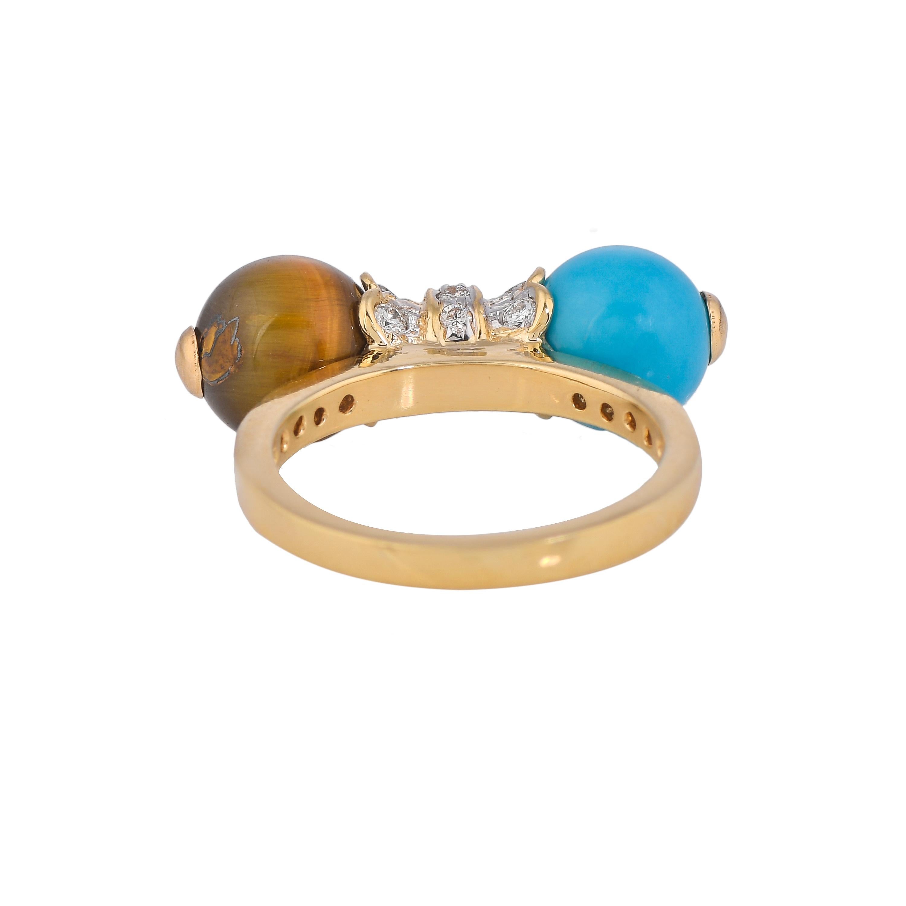 Modern 4.17 Carats Tigers Eye Turquoise and Diamond 18kt Yellow Gold Ring For Sale