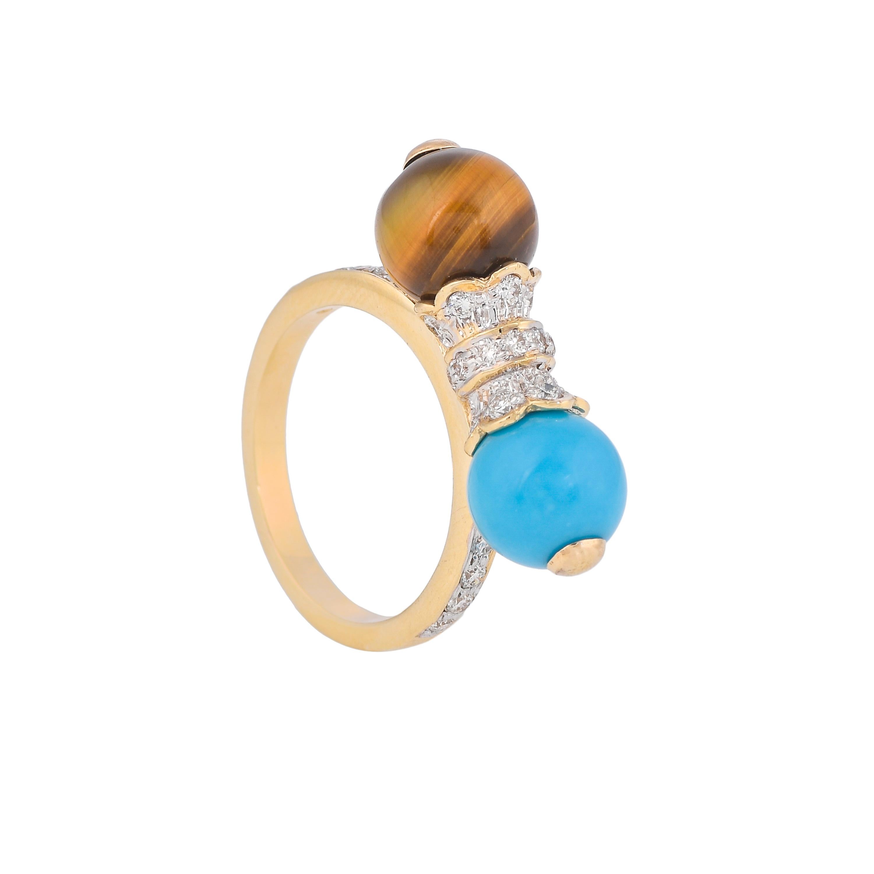 4.17 Carats Tigers Eye Turquoise and Diamond 18kt Yellow Gold Ring In New Condition For Sale In Jaipur, Jaipur