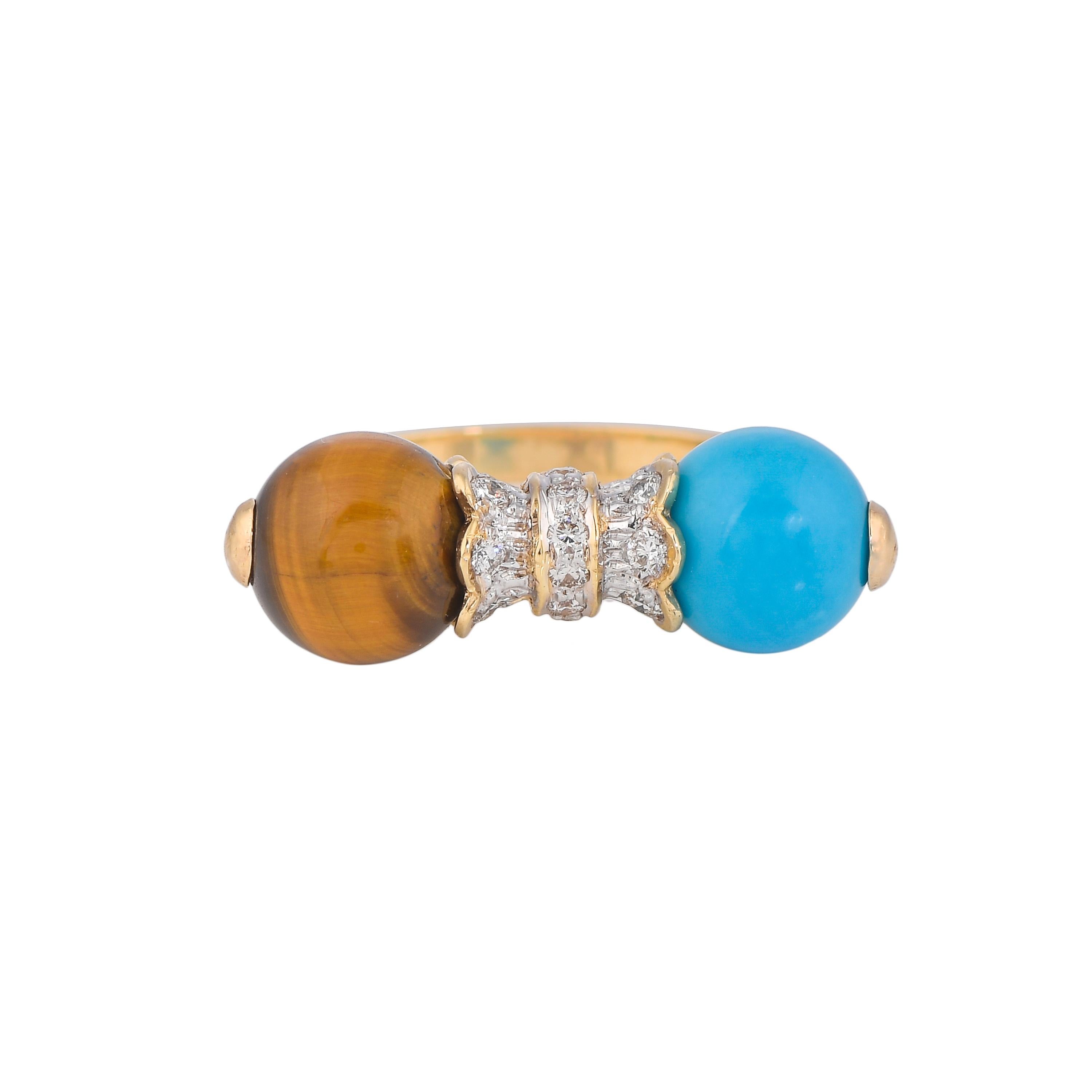 4.17 Carats Tigers Eye Turquoise and Diamond 18kt Yellow Gold Ring For Sale