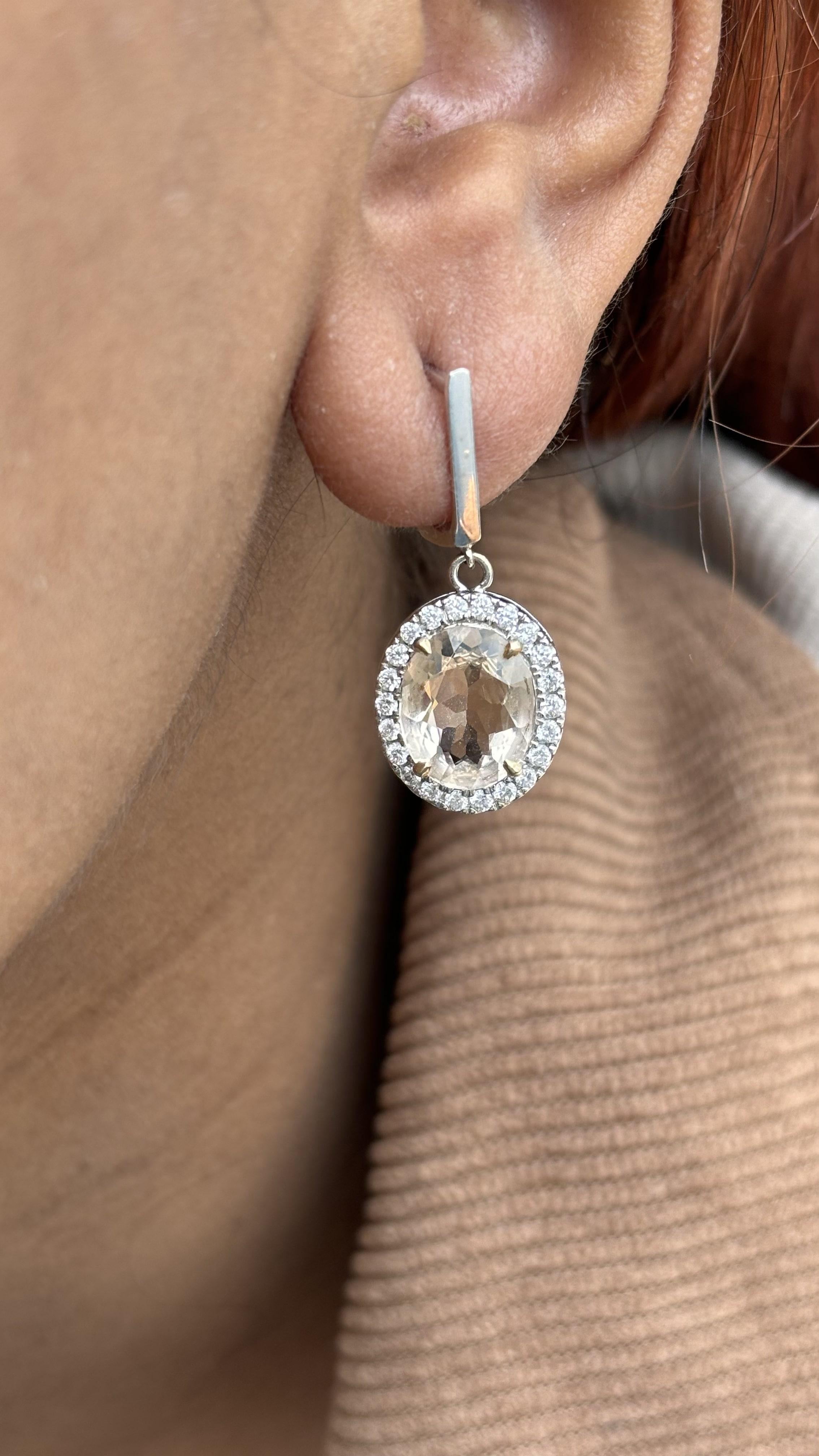 4.17 Ct Orangish-Pink Morganite & Diamond Drop Earrings in 14k Gold For Sale 4