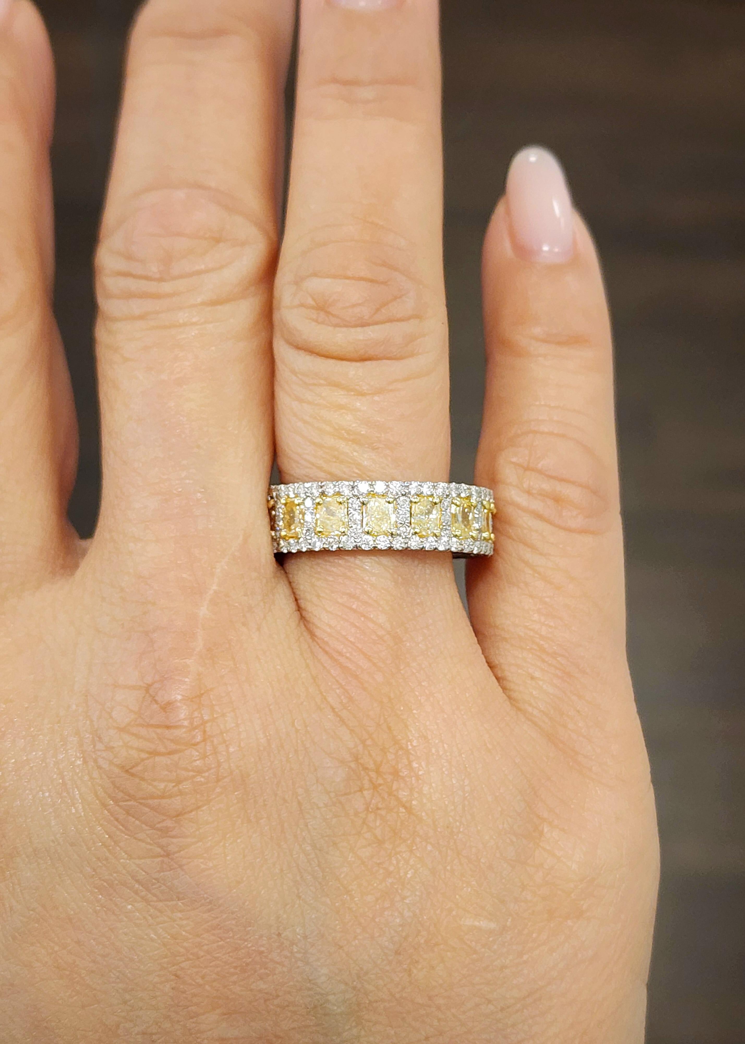 Cushion Cut 4.17 ct Natural Yellow Diamond Eternity Band For Sale