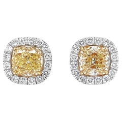 4.17 T.W Natural Mined Fancy Yellow Diamond Halo GIA Certified Earring Studs 18K