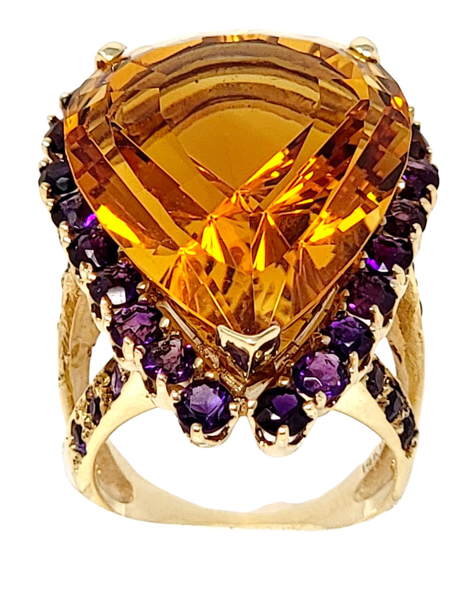 Contemporary 41.77 Carat Citrine and Color-Change Sapphire Split Shank Halo Cocktail Ring 