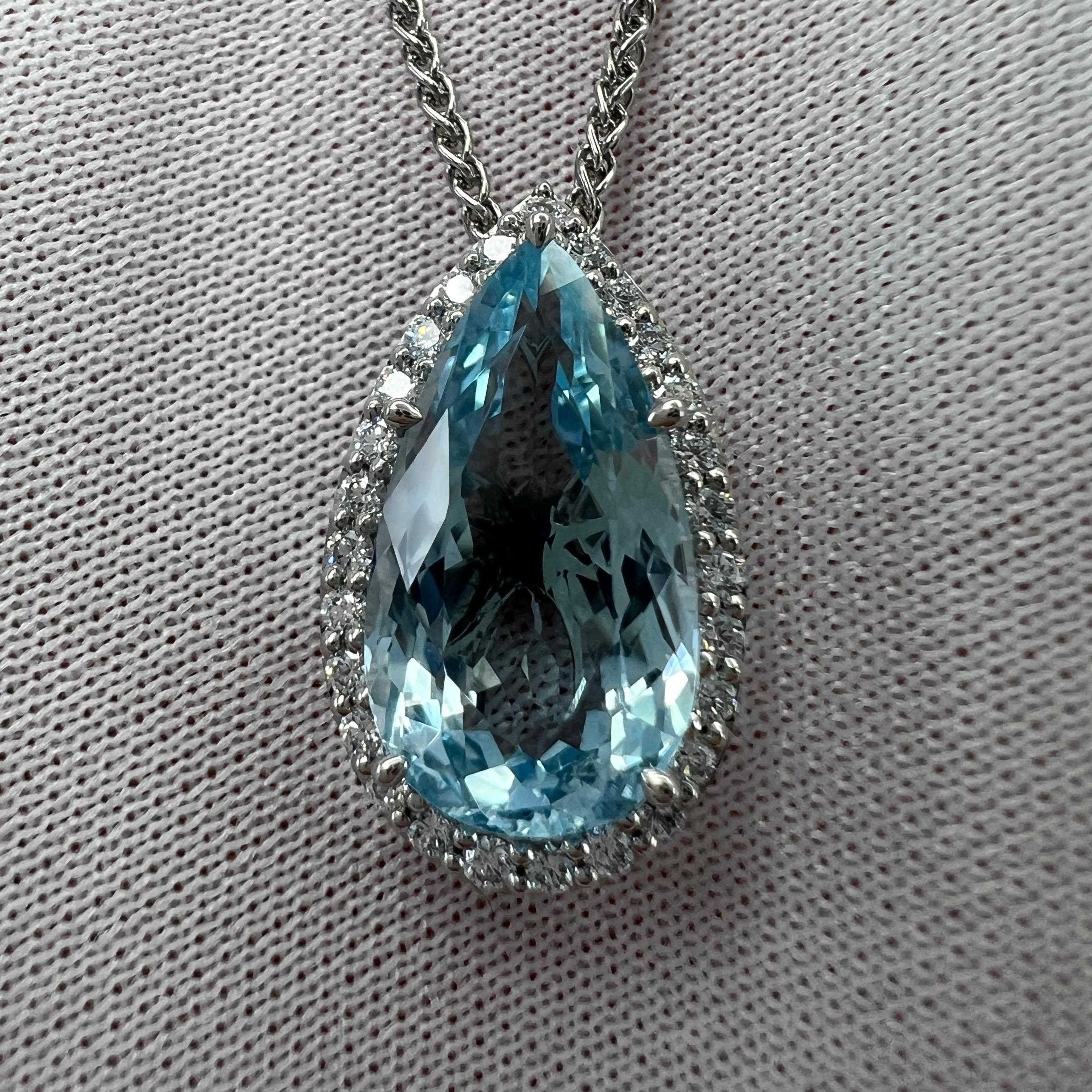 4.17ct Fine Blue Pear Cut Aquamarine Diamond 950 Platinum Halo Pendant Necklace In New Condition For Sale In Birmingham, GB
