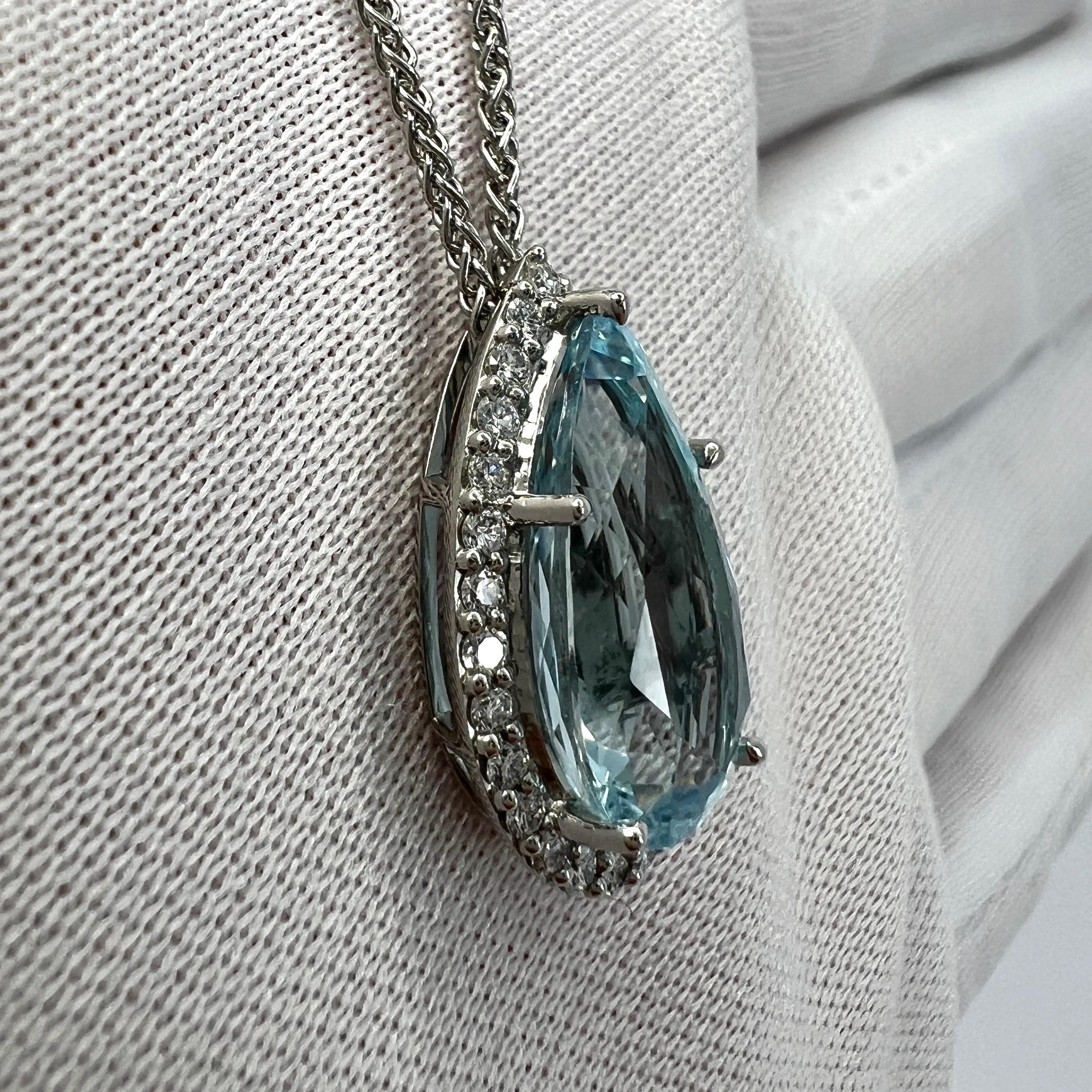 Women's or Men's 4.17ct Fine Blue Pear Cut Aquamarine Diamond 950 Platinum Halo Pendant Necklace For Sale