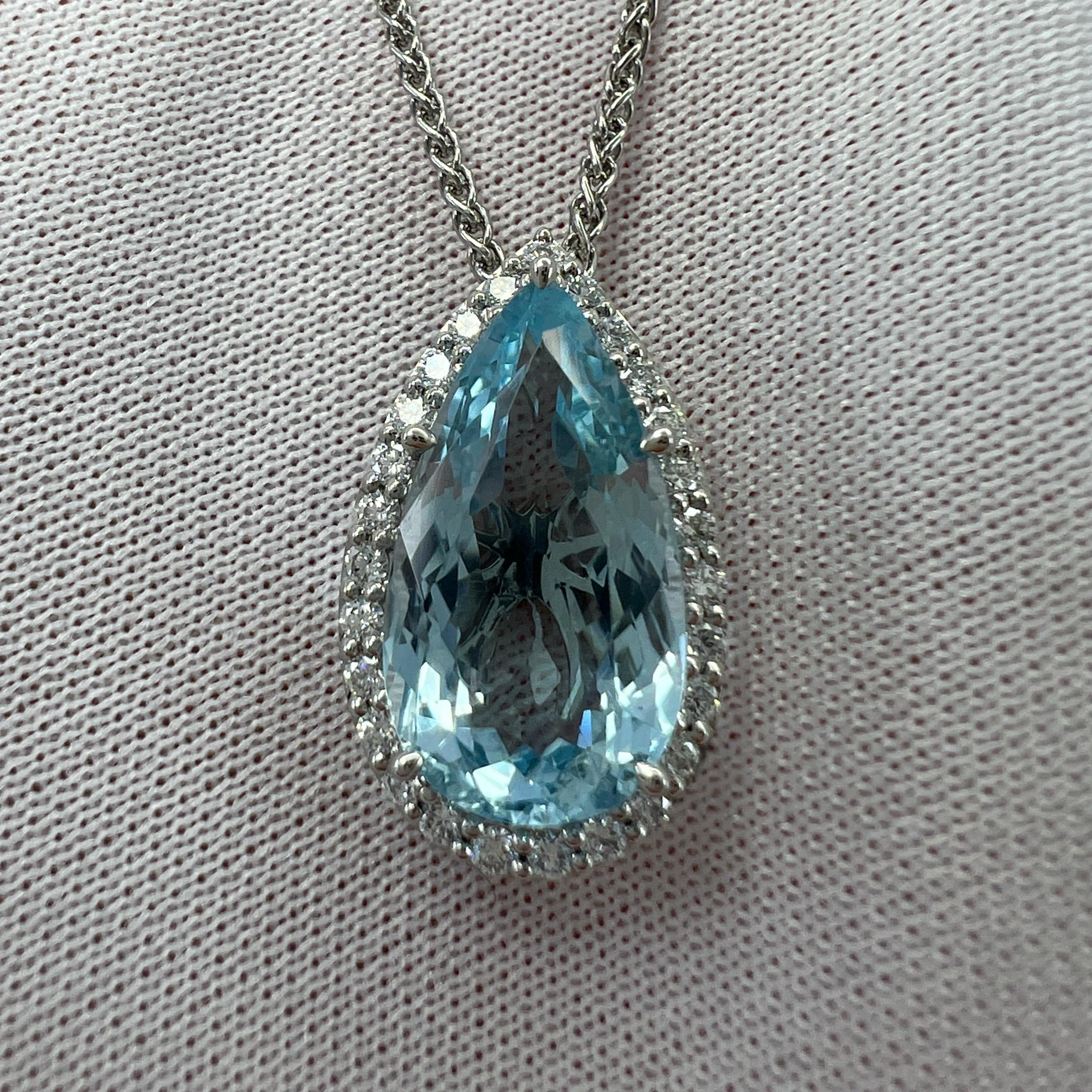 4.17ct Fine Blue Pear Cut Aquamarine Diamond 950 Platinum Halo Pendant Necklace For Sale 2