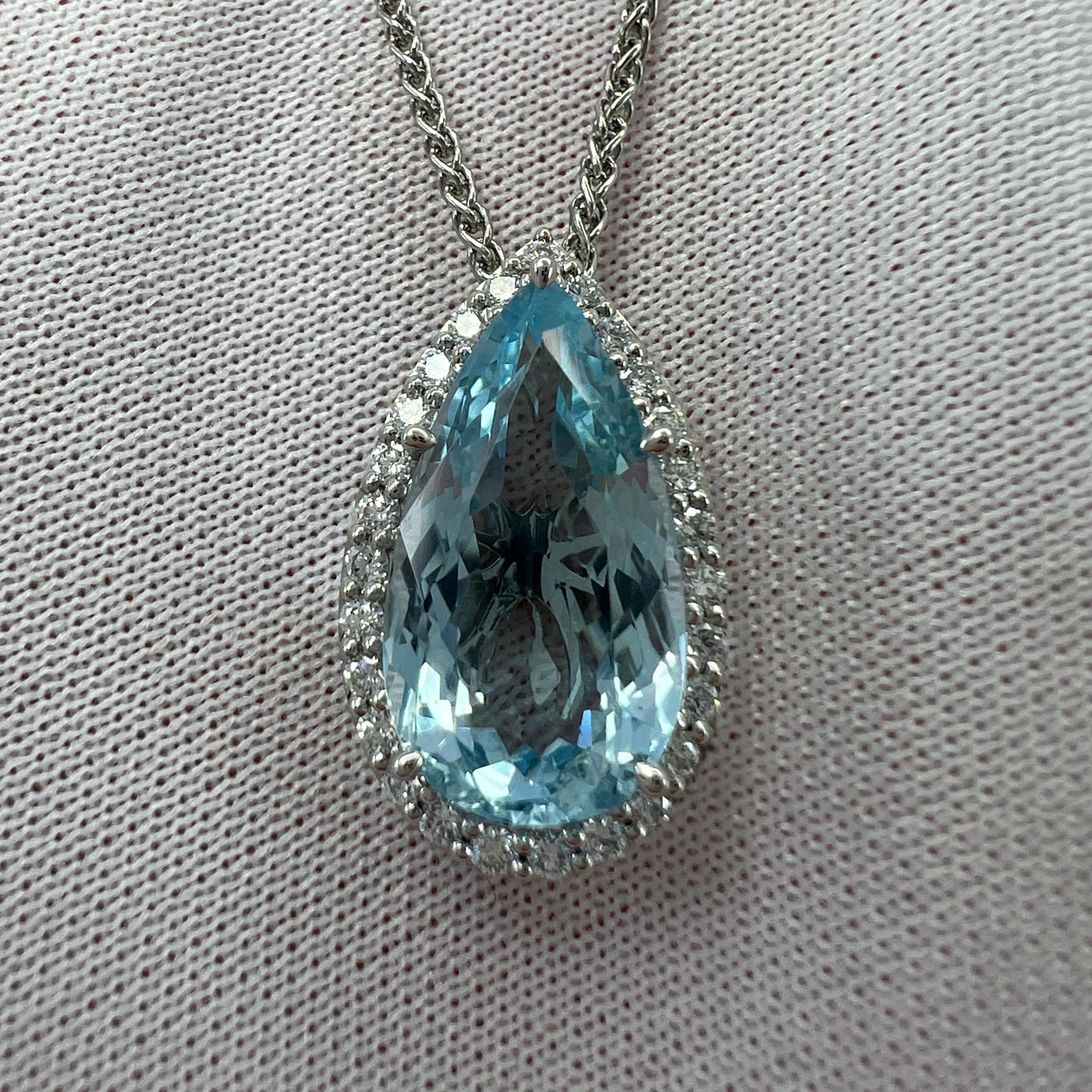 4.17ct Fine Blue Pear Cut Aquamarine Diamond 950 Platinum Halo Pendant Necklace 2